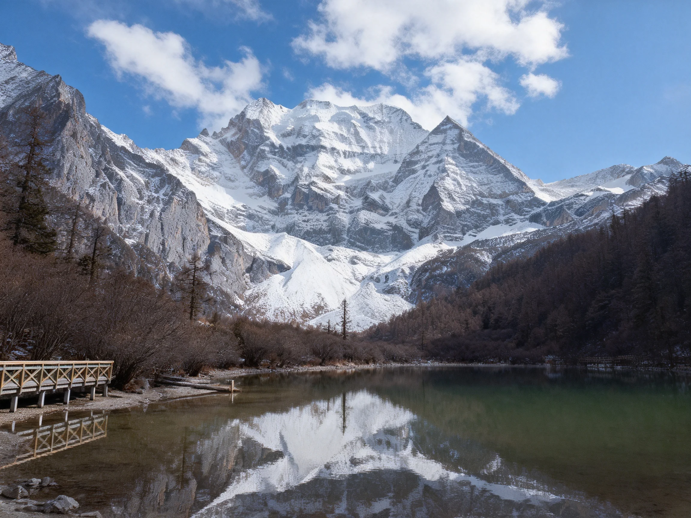 Snow-capped mountain peaks reflect in a tranquil alpine lake with forest surroundings