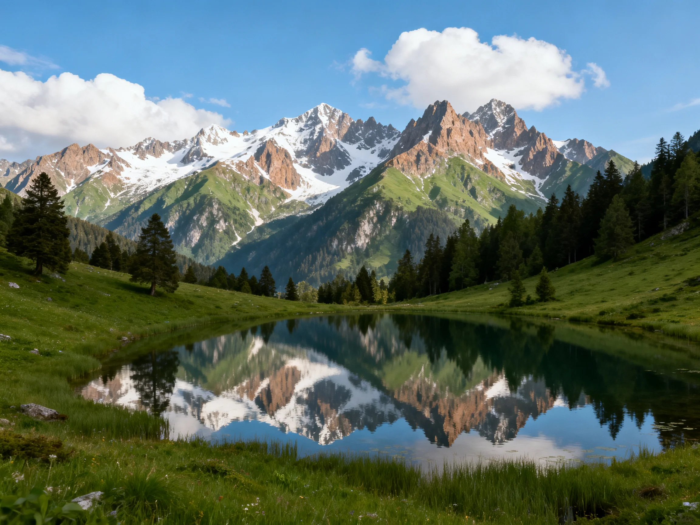 Snow-capped mountain peaks reflect in a tranquil alpine lake with lush green surroundings