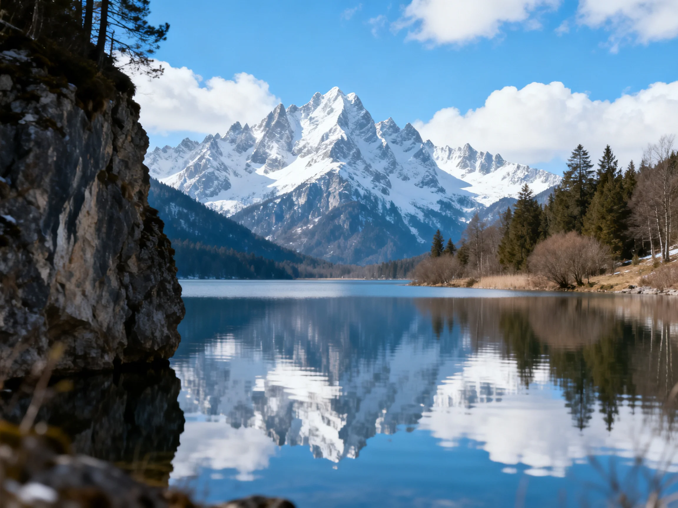 Snow - capped mountain peaks reflect in a tranquil blue lake beside rocky cliffs