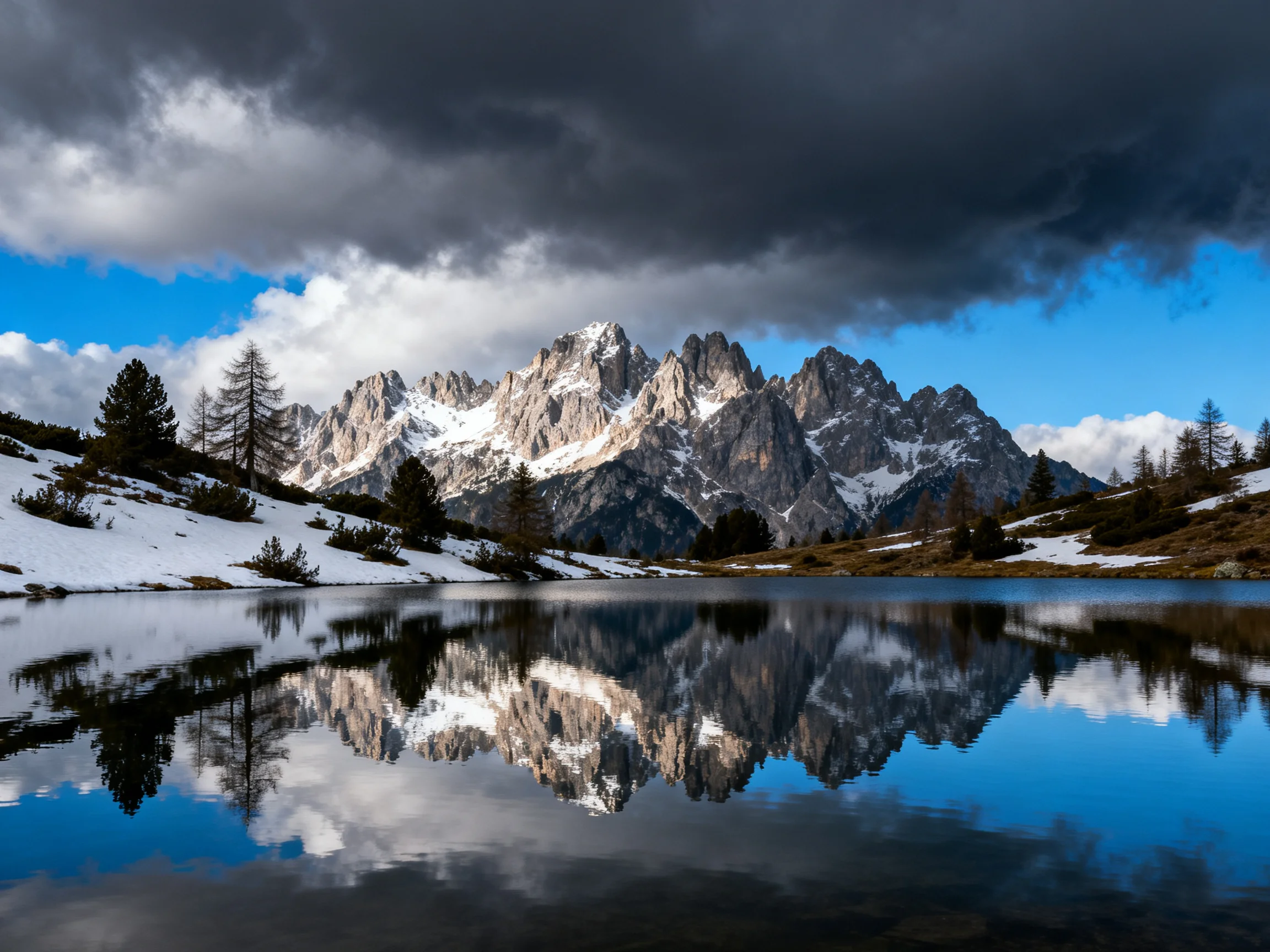 Snow-capped mountain peaks reflected in a calm alpine lake under stormy skies