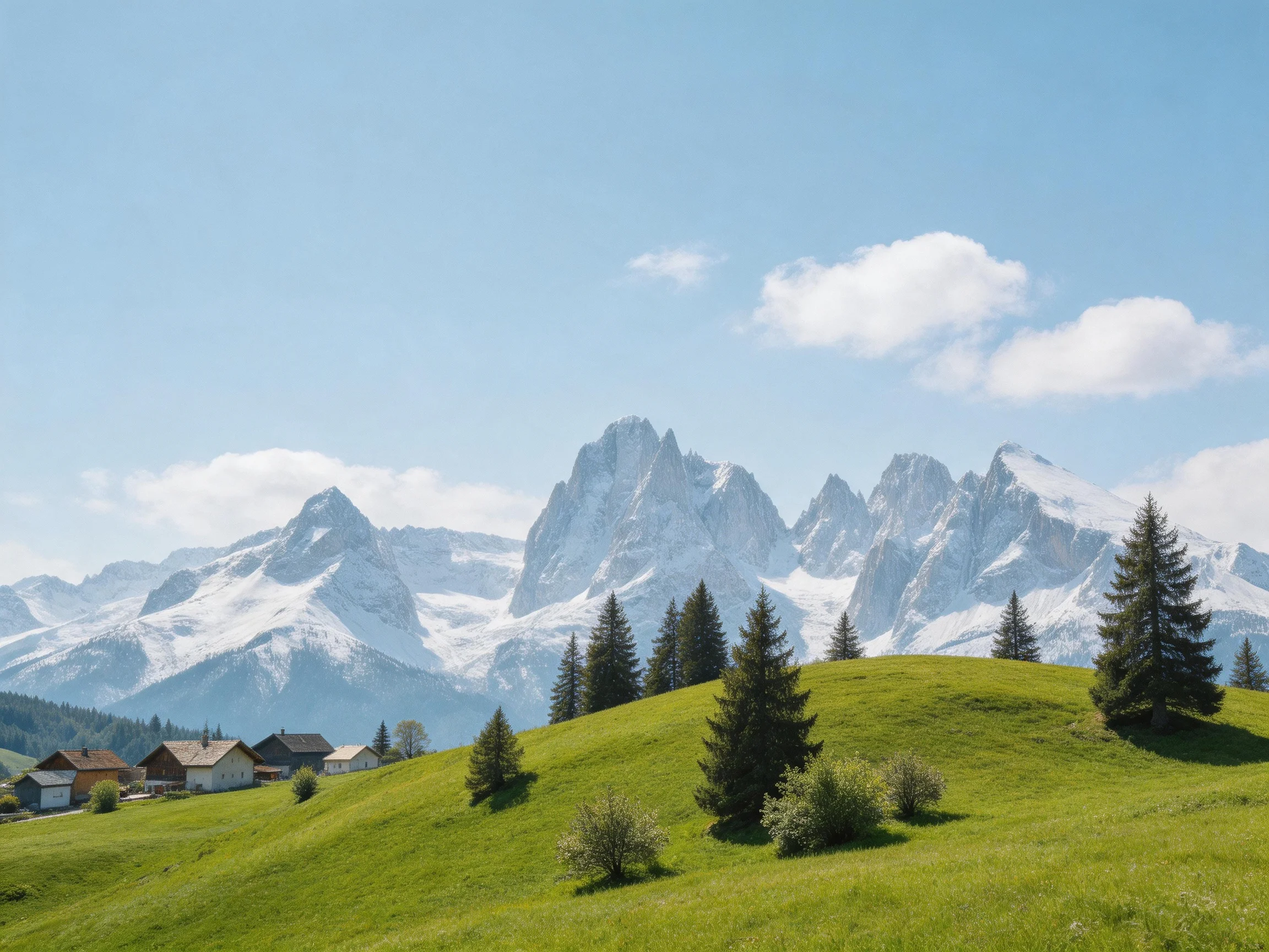 Snow-capped mountain peaks rise above a vibrant green meadow with scattered evergreen trees
