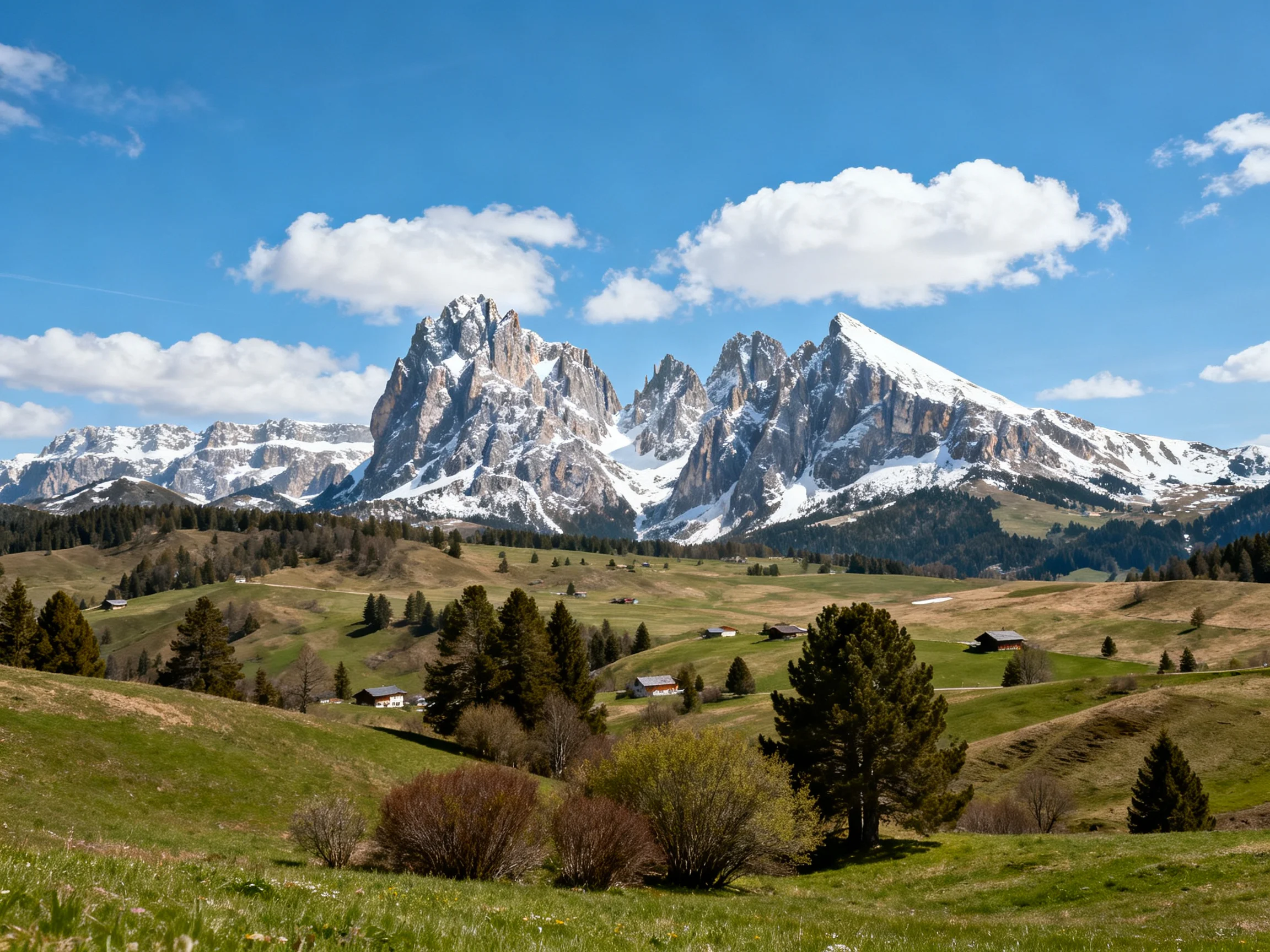 Snow-capped mountain peaks rise above verdant meadows with scattered trees