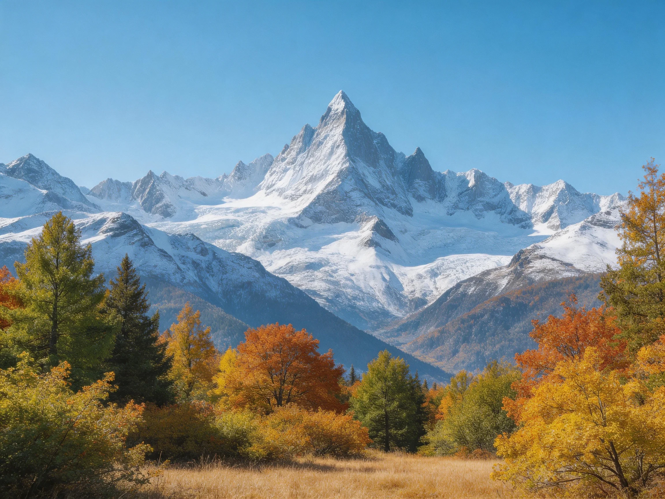 Snow-capped mountain peaks rise among colorful fall trees under a clear blue sky