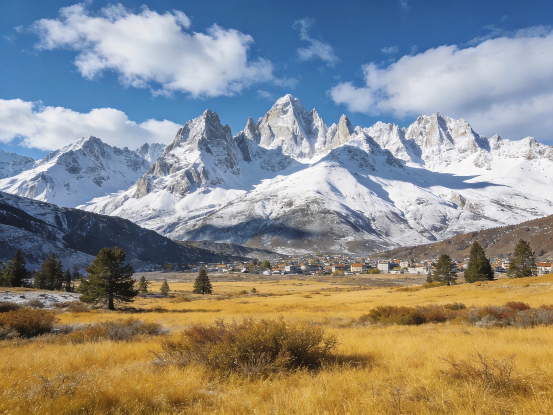 Snow - capped mountain peaks tower over a golden valley with scattered trees