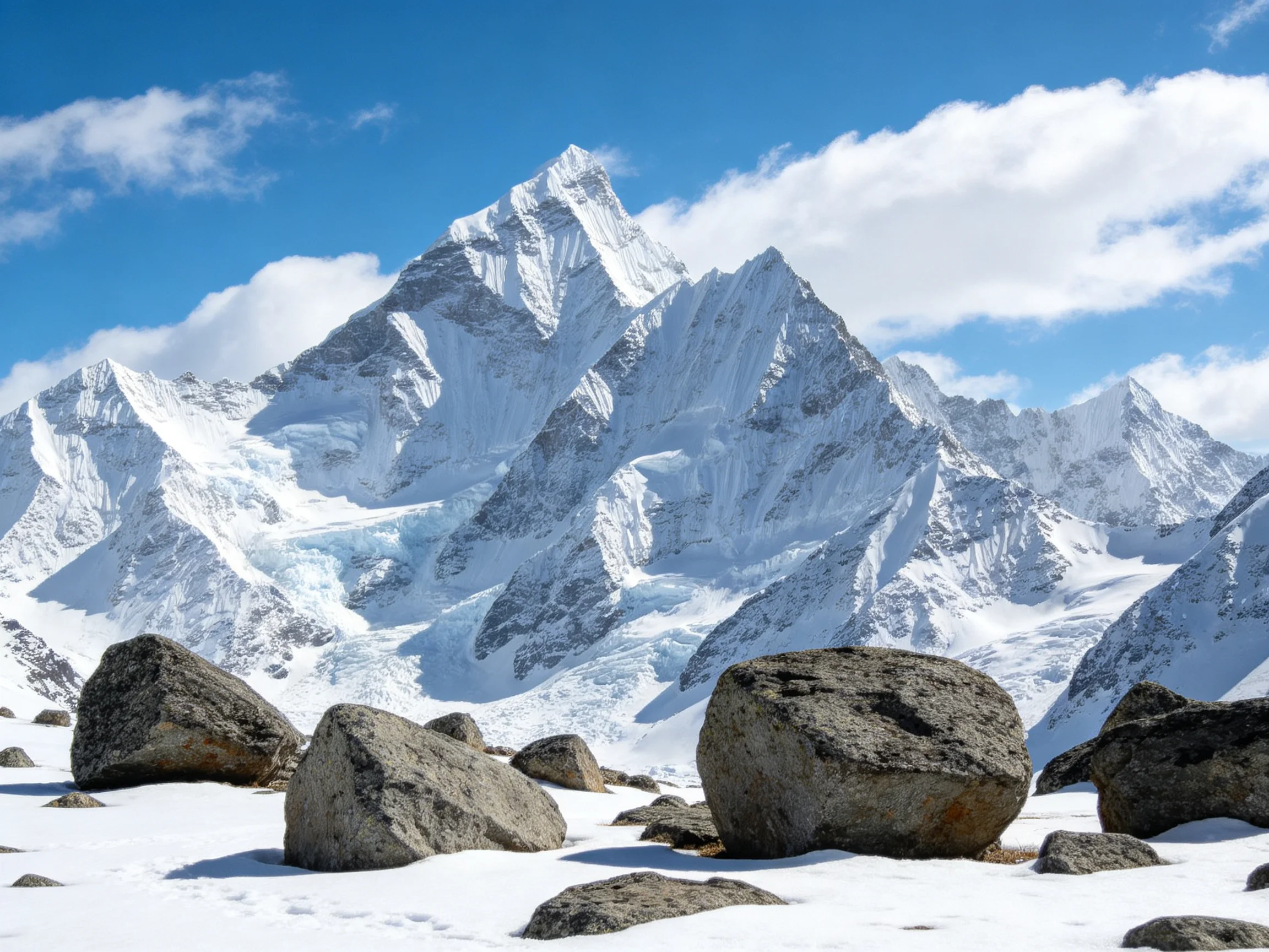 Snow - capped mountain peaks tower over large gray boulders under bright blue sky