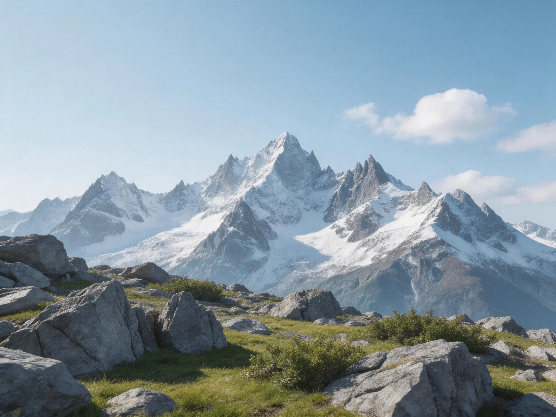 Snow-capped mountain peaks tower over rocky terrain with green shrubs