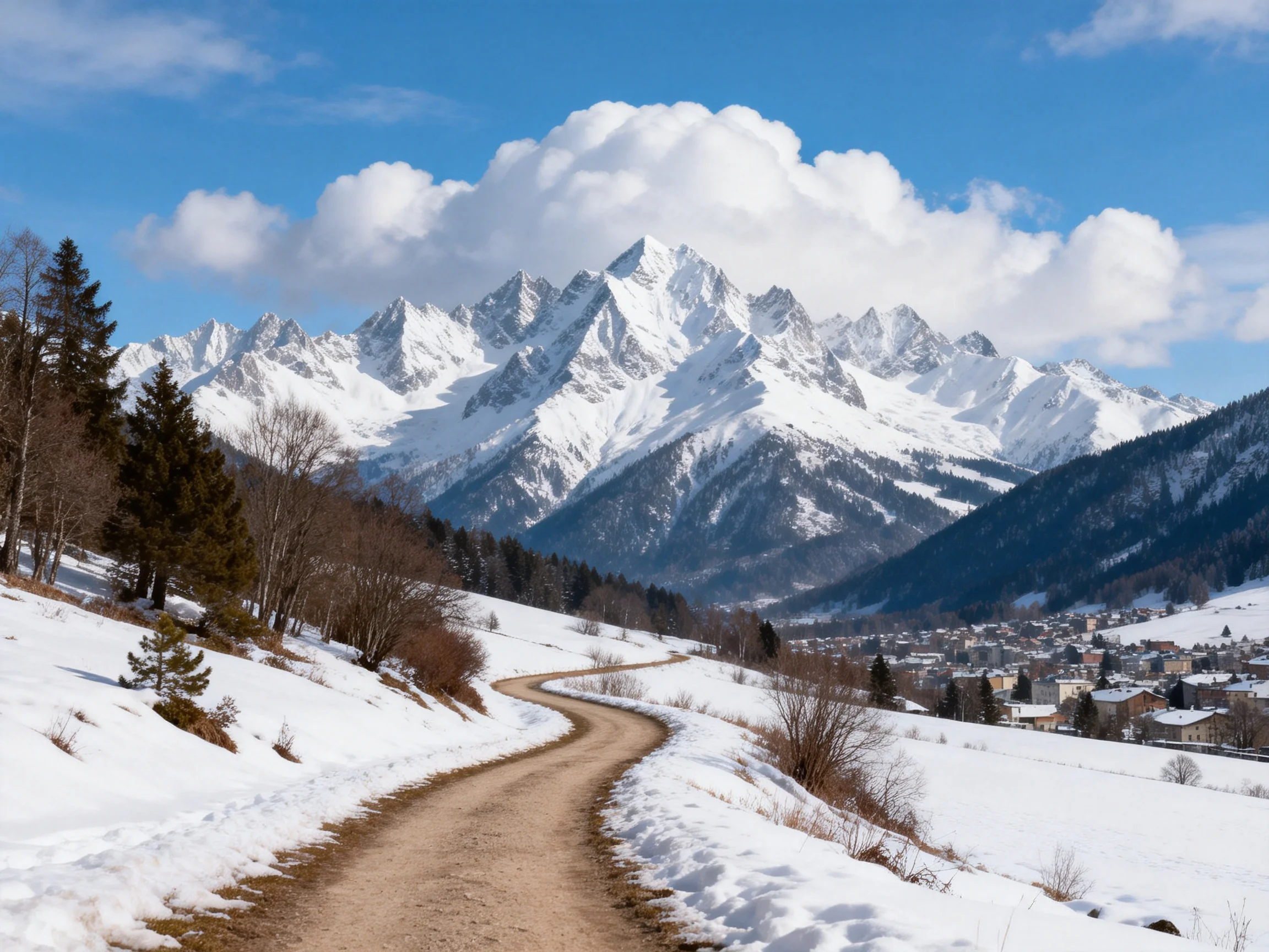 Snow-capped mountain peaks, winding dirt path, and village nestled below