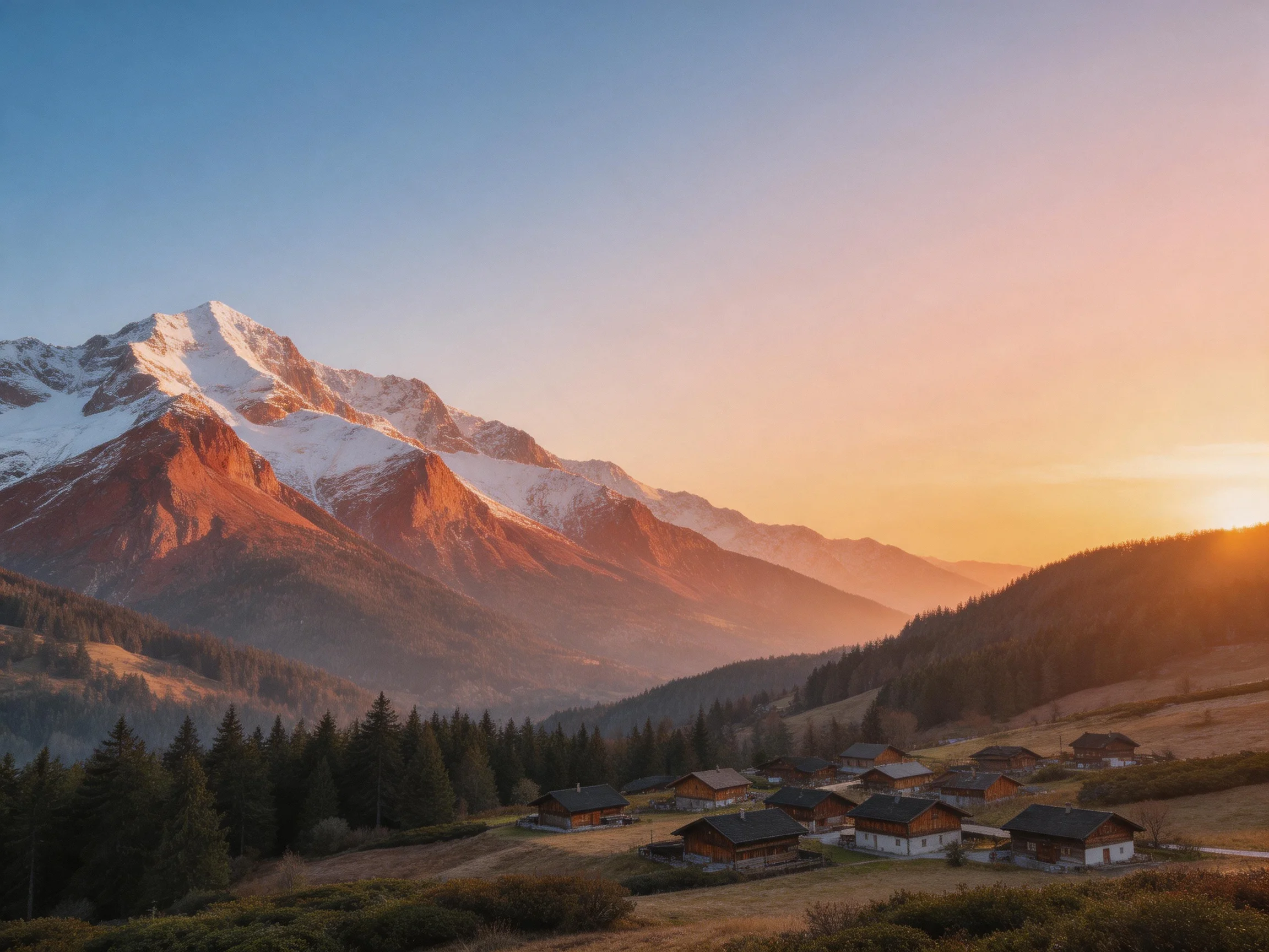 Snow-capped mountain range behind a rustic village at golden hour