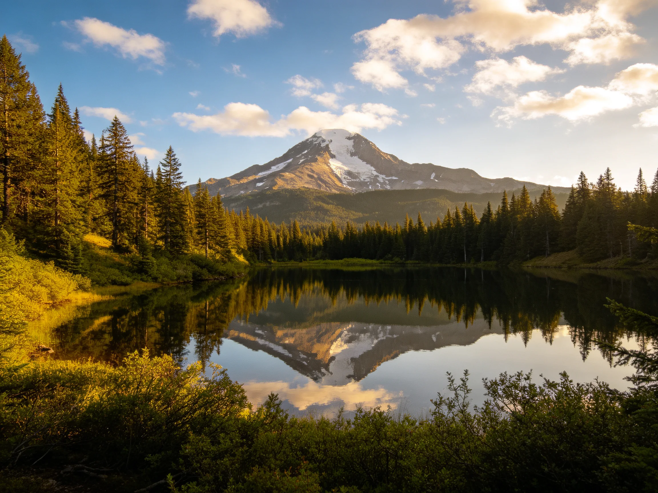 Snow-capped mountain reflected in calm forest lake