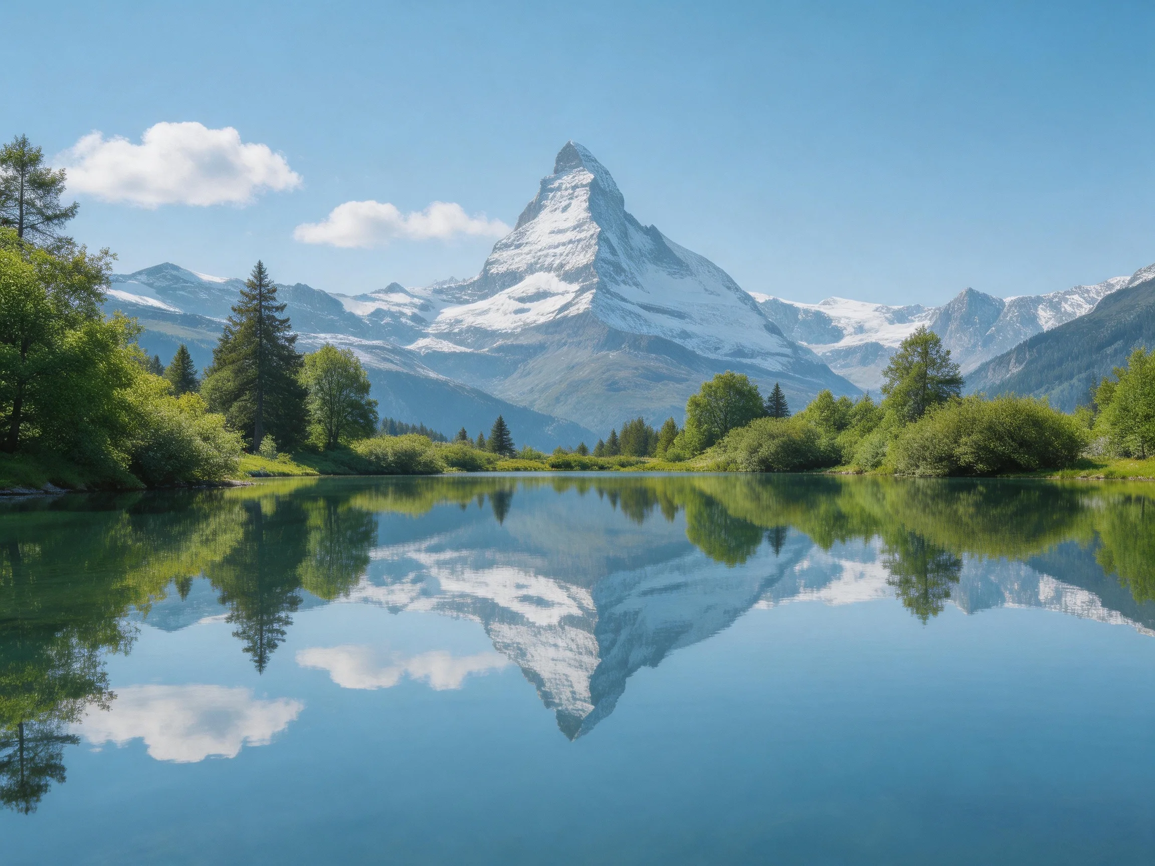 Snow - capped mountain reflected in tranquil blue lake with lush greenery
