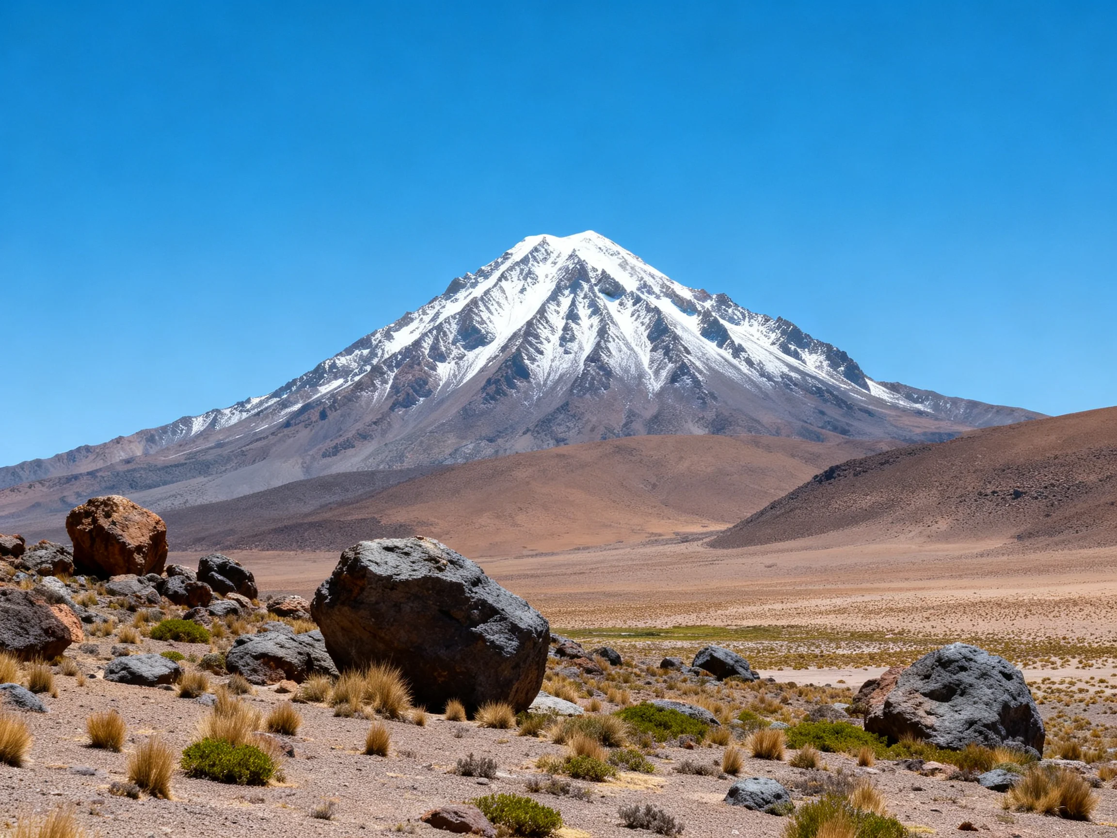 Snow-capped mountain towers over arid desert with scattered boulders