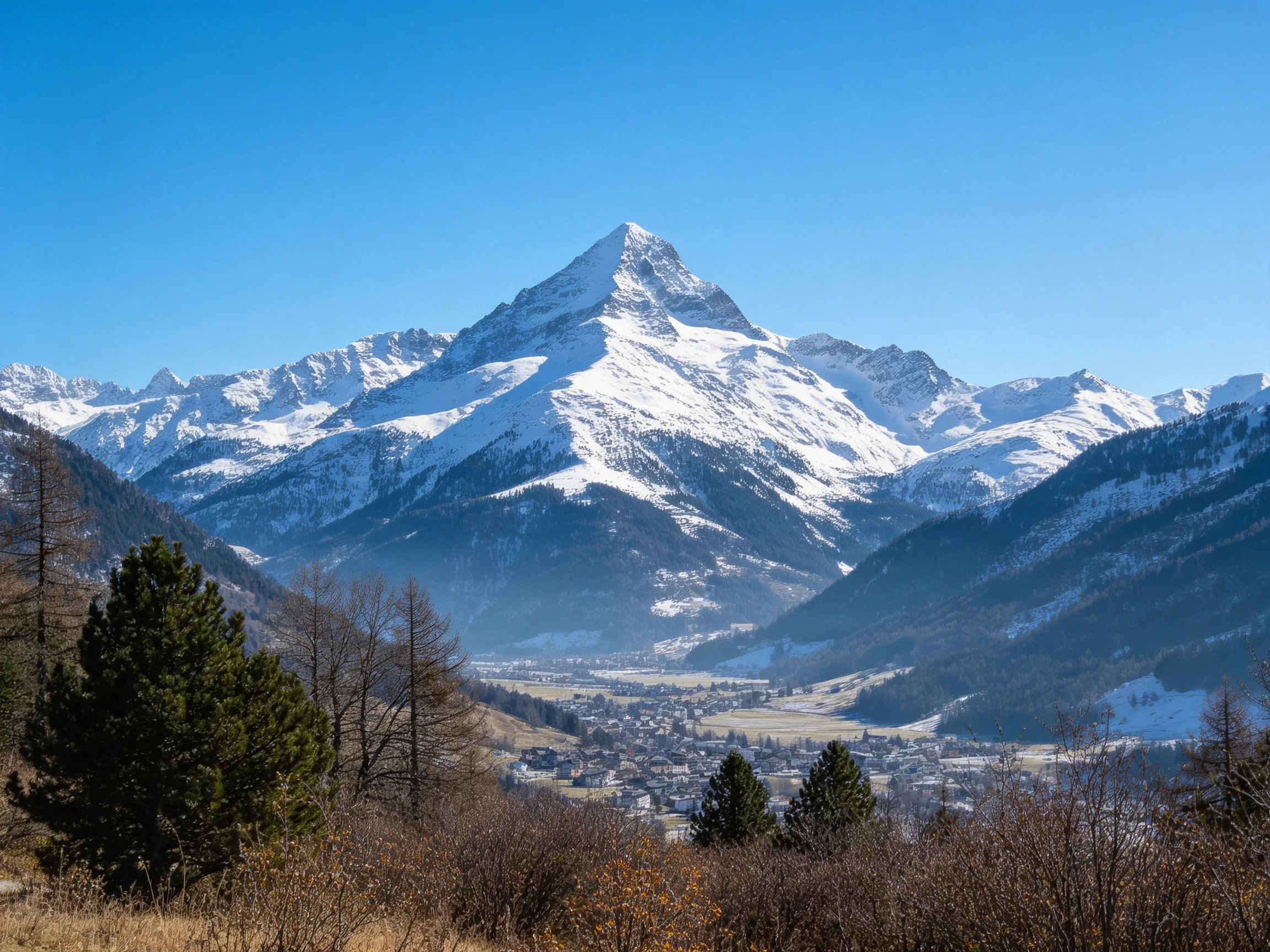 Snow - capped mountain towers over valley town with assorted trees