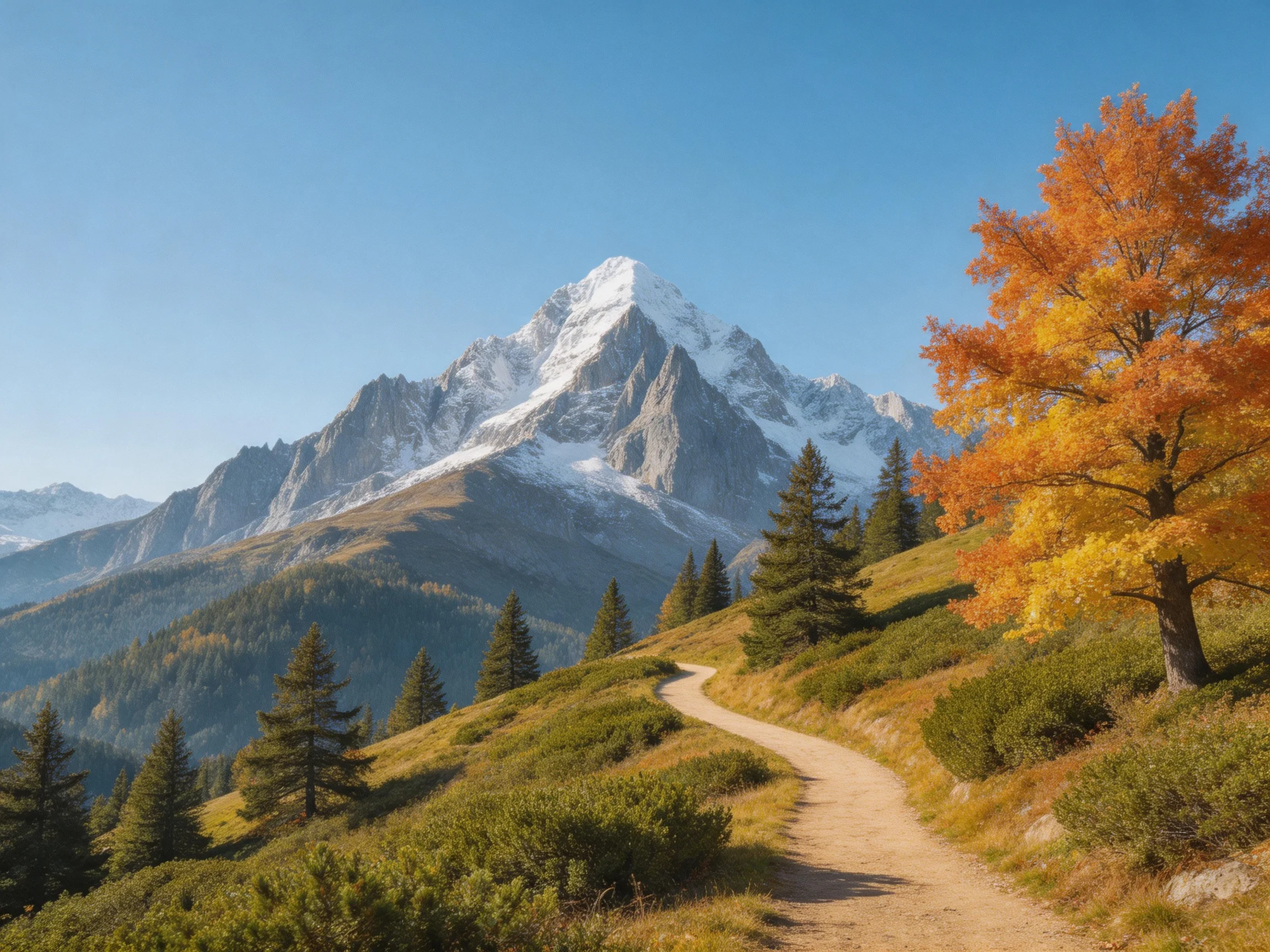 Snow - capped mountain with autumn foliage and winding dirt trail