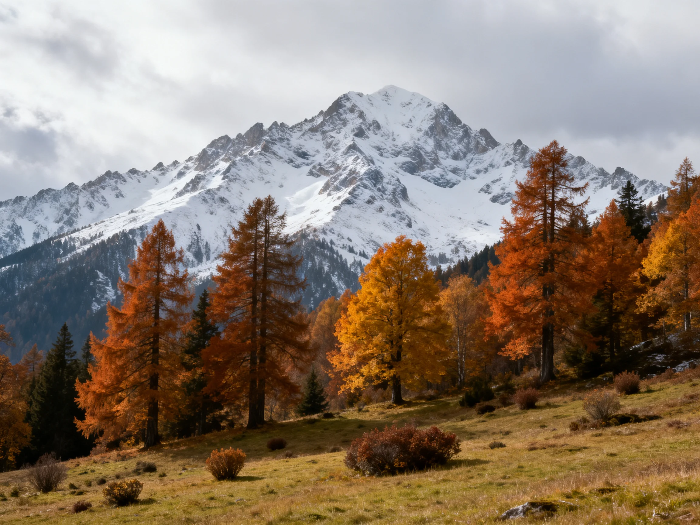 Snow-capped mountain with vibrant autumn trees