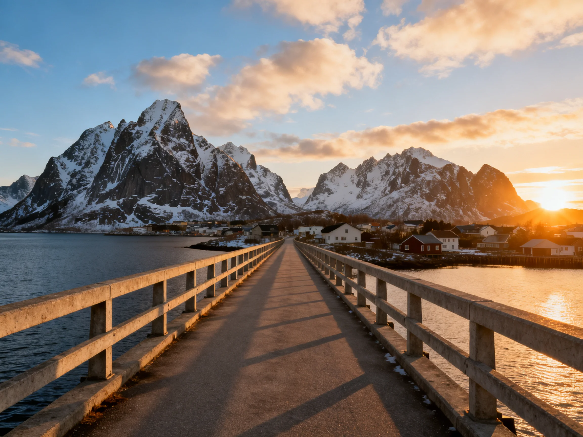 Snow - capped mountains, a stone bridge, and coastal village at golden hour