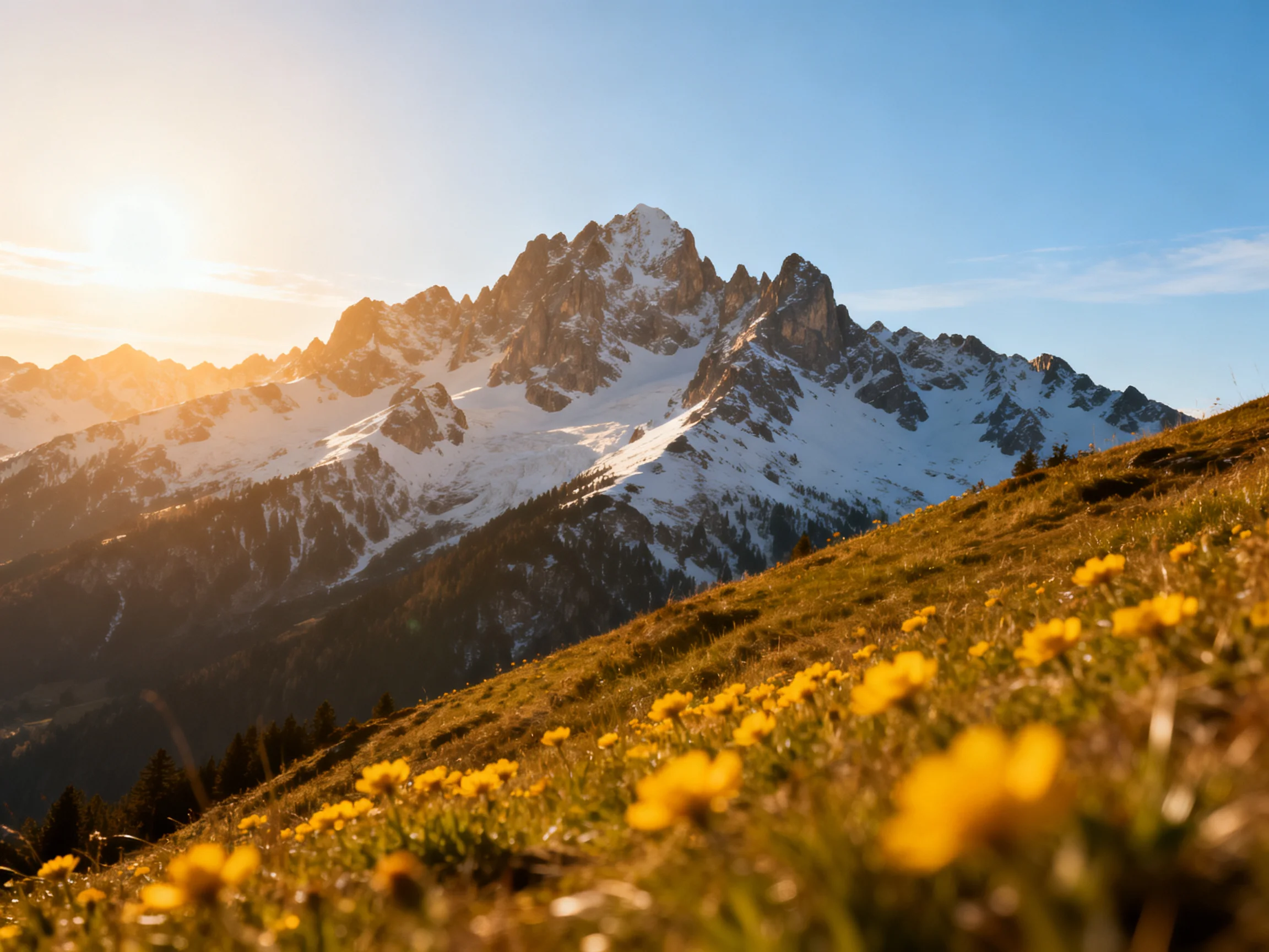 Snow - capped mountains overlook a field of yellow wildflowers at sunrise