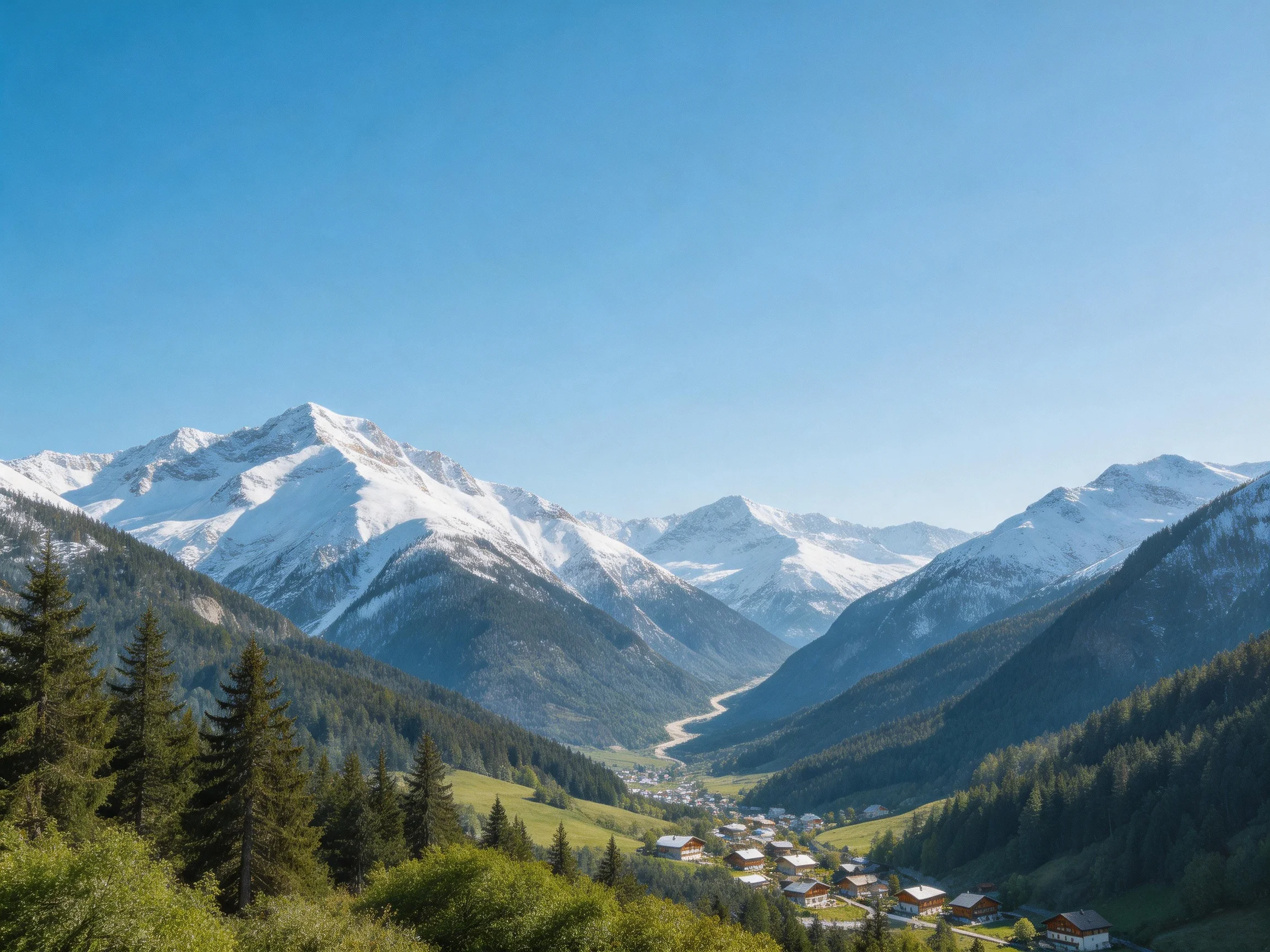 Snow-capped mountains overlook a lush green valley with a small village