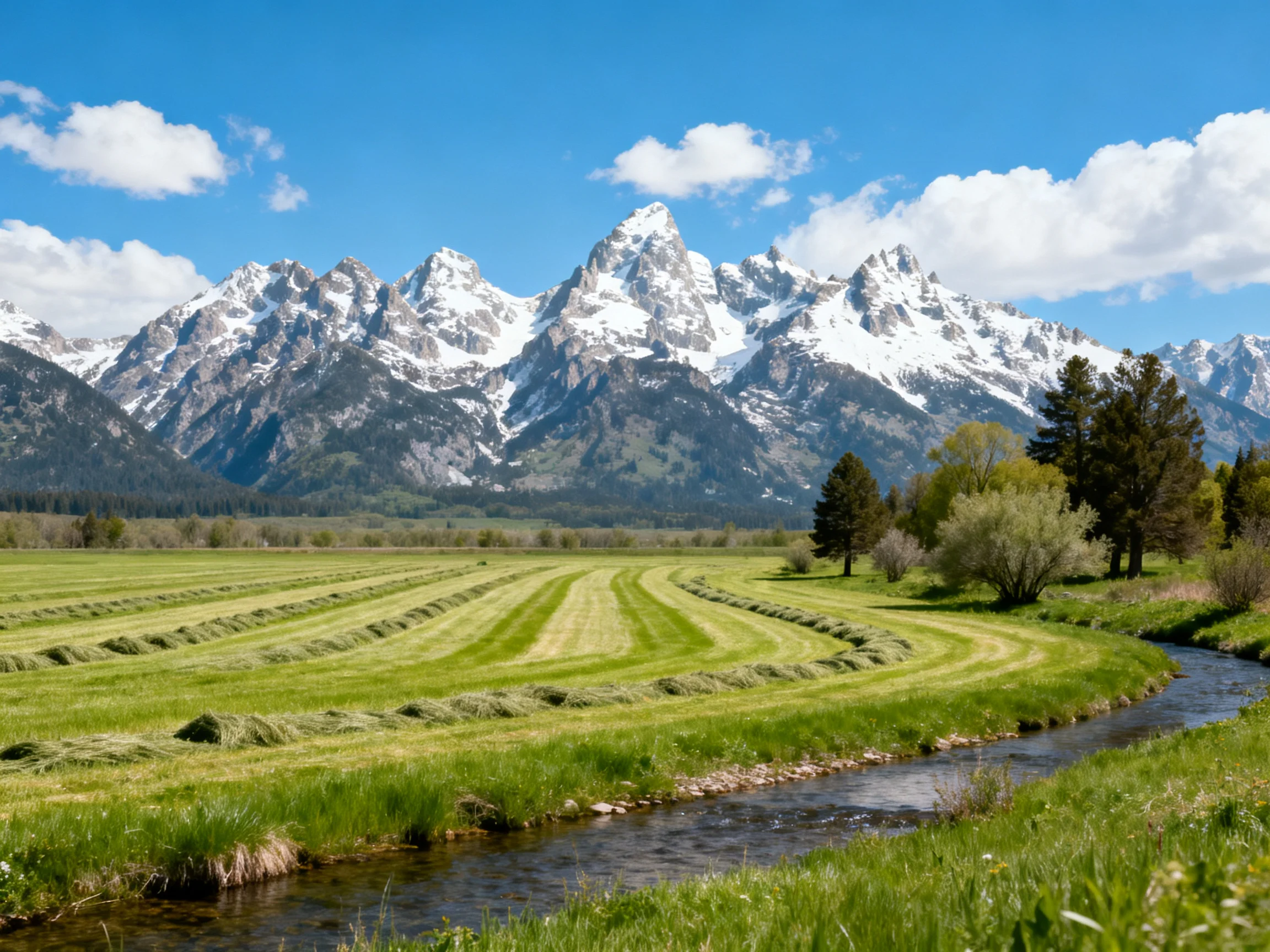 Snow-capped mountains overlook a lush meadow with a winding stream