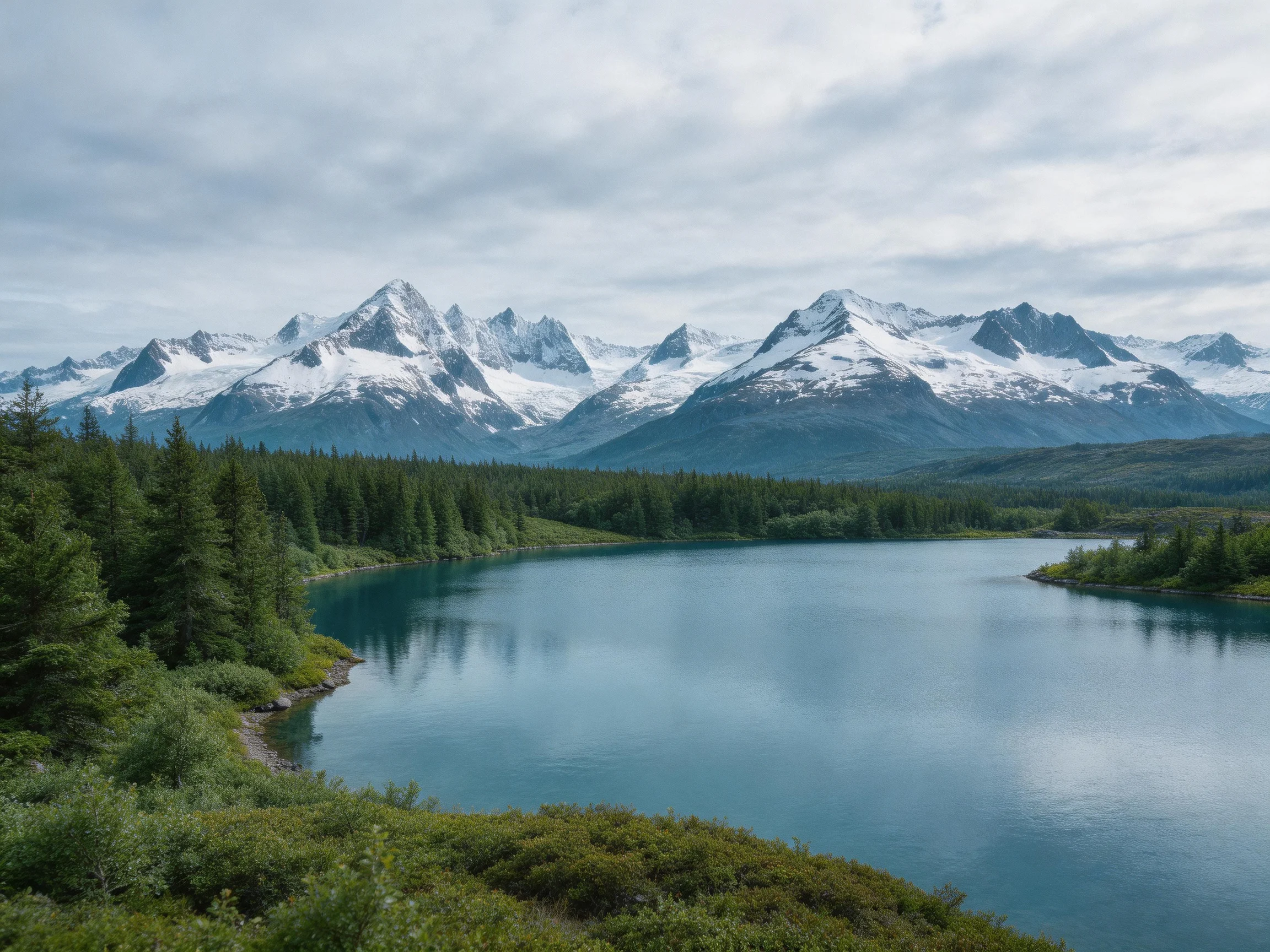 Snow-capped mountains overlook a serene blue lake with lush green forests