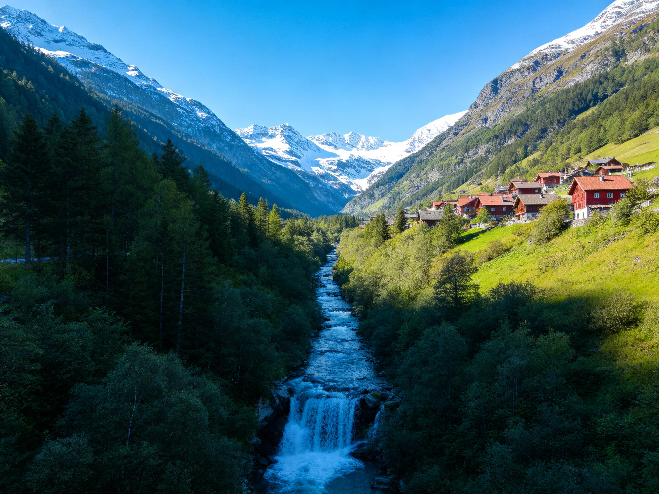 Snow-capped mountains overlook a valley with red cabins, a rushing stream, and lush forests