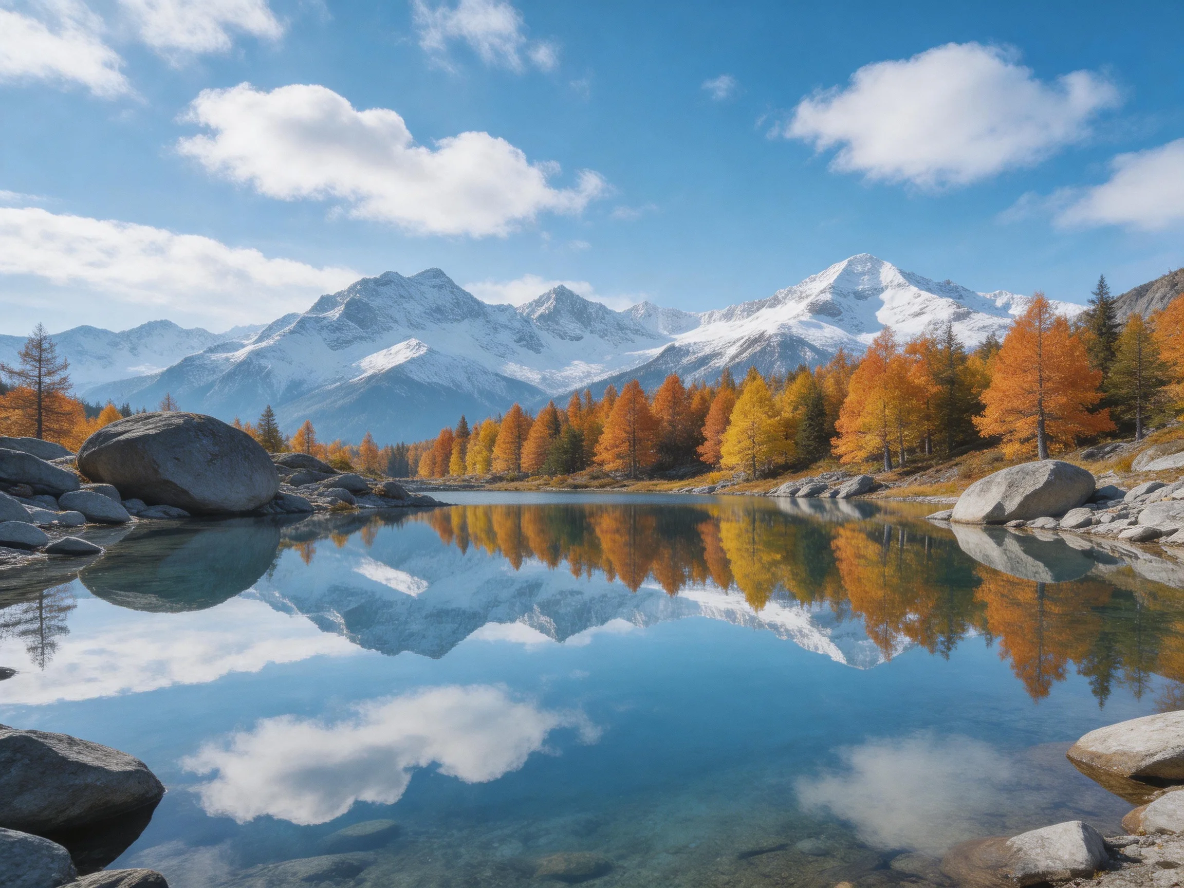 Snow-capped mountains reflect in a calm lake with autumn foliage