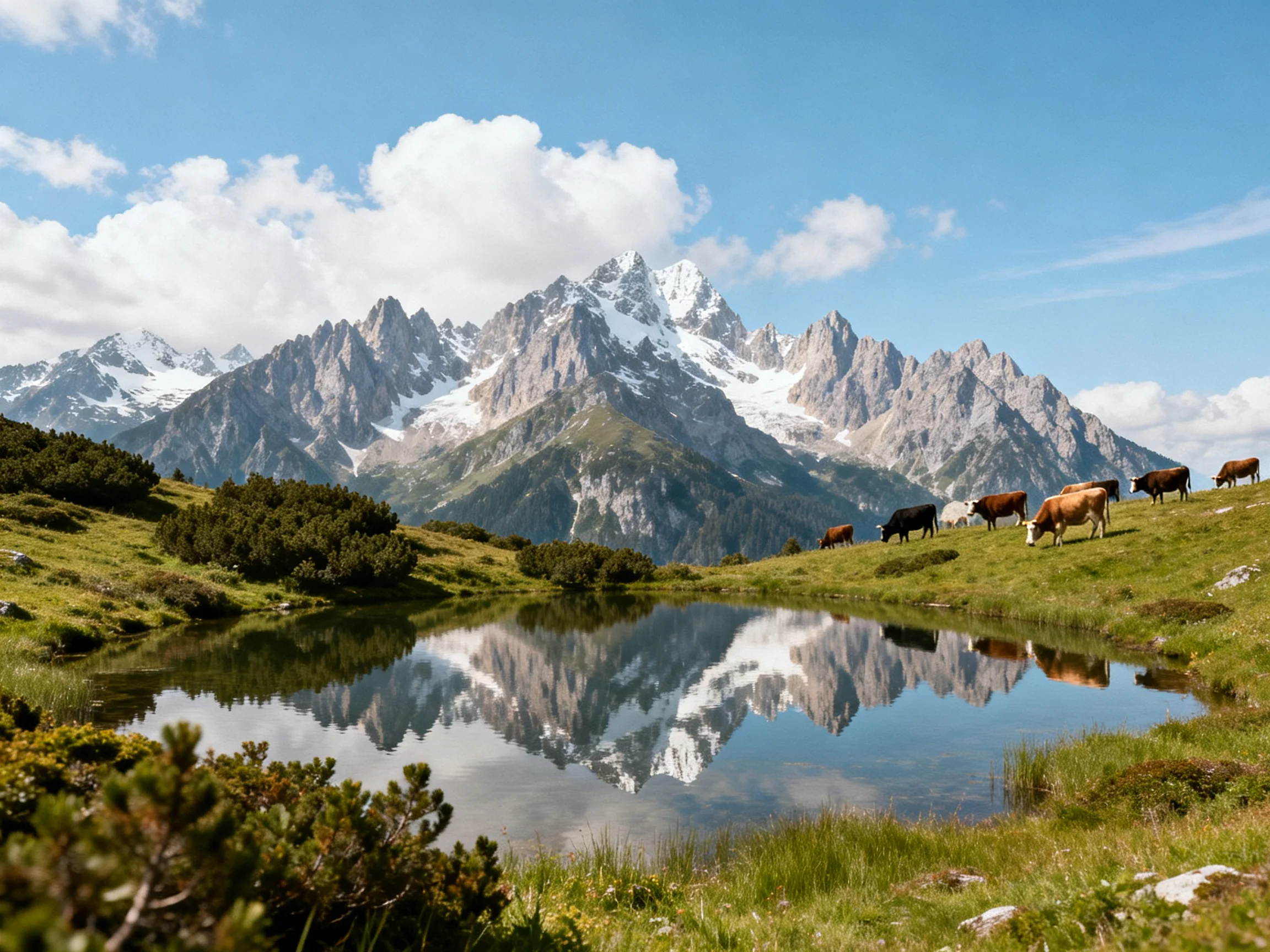 Snow-capped mountains reflect in a serene alpine lake with grazing cattle