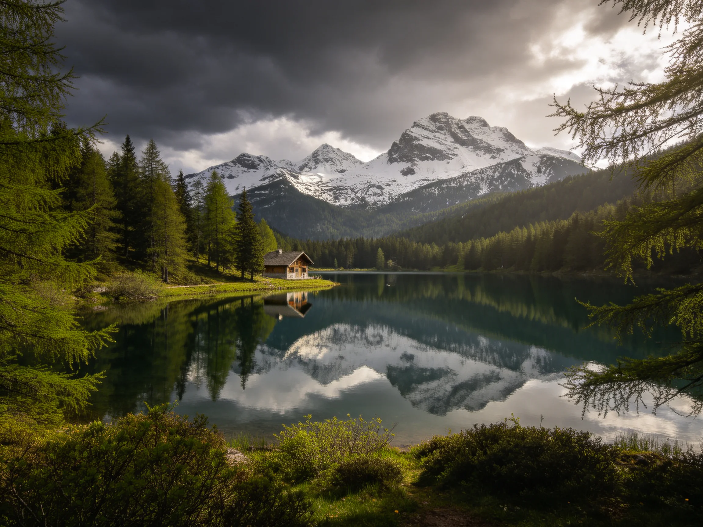 Snow-capped mountains reflect in a serene lake near a wooden cabin