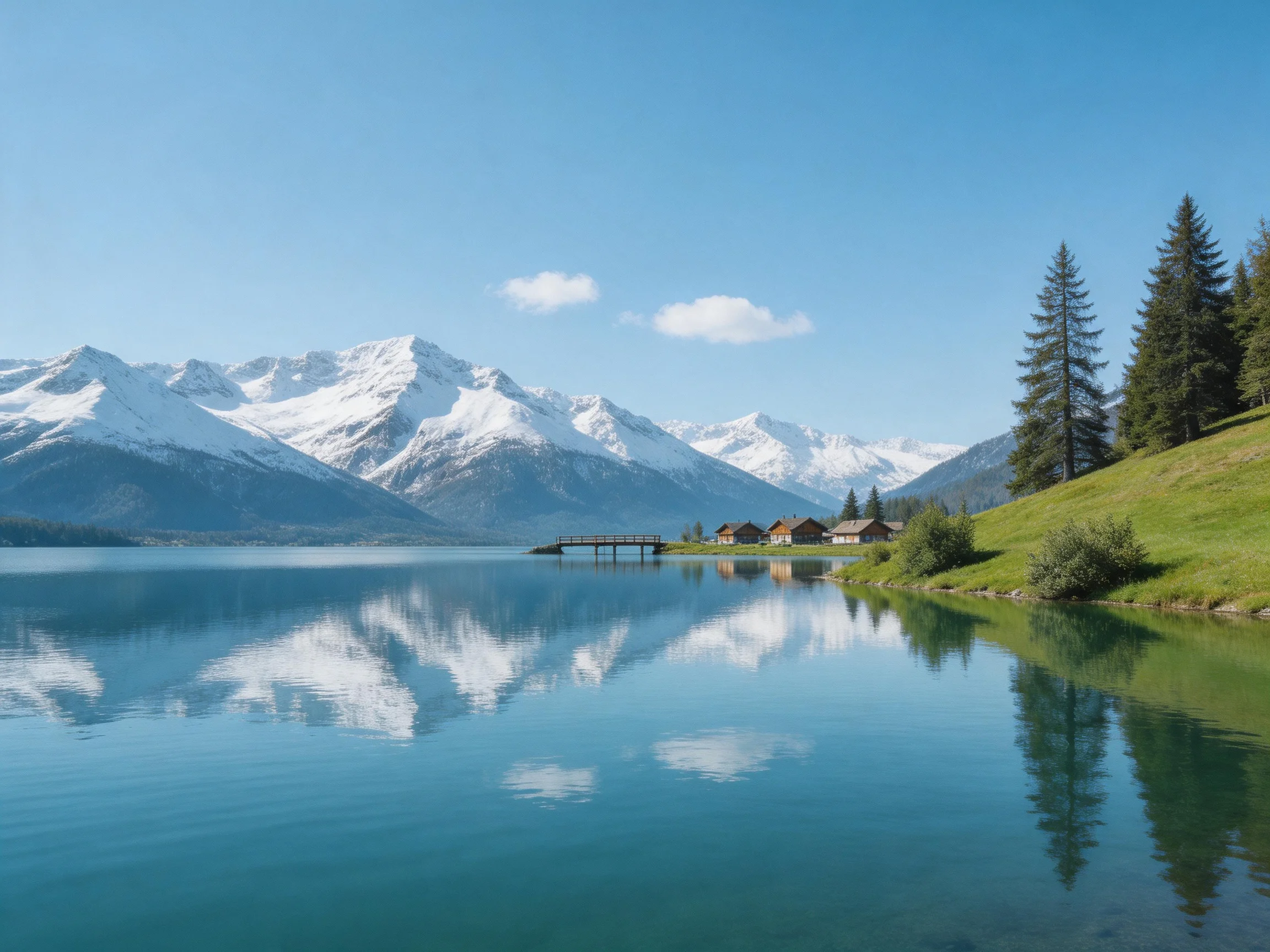 Snow-capped mountains reflect in a tranquil lake near wooden cabins and pine trees