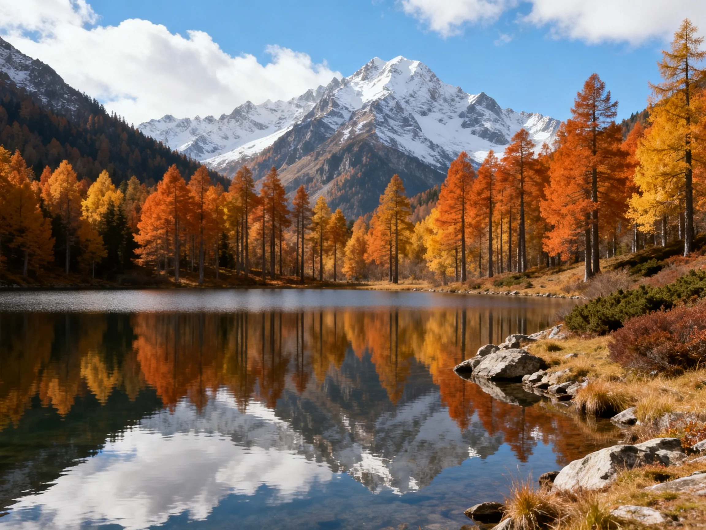 Snow-capped mountains reflect over a serene autumn lake with golden-orange trees