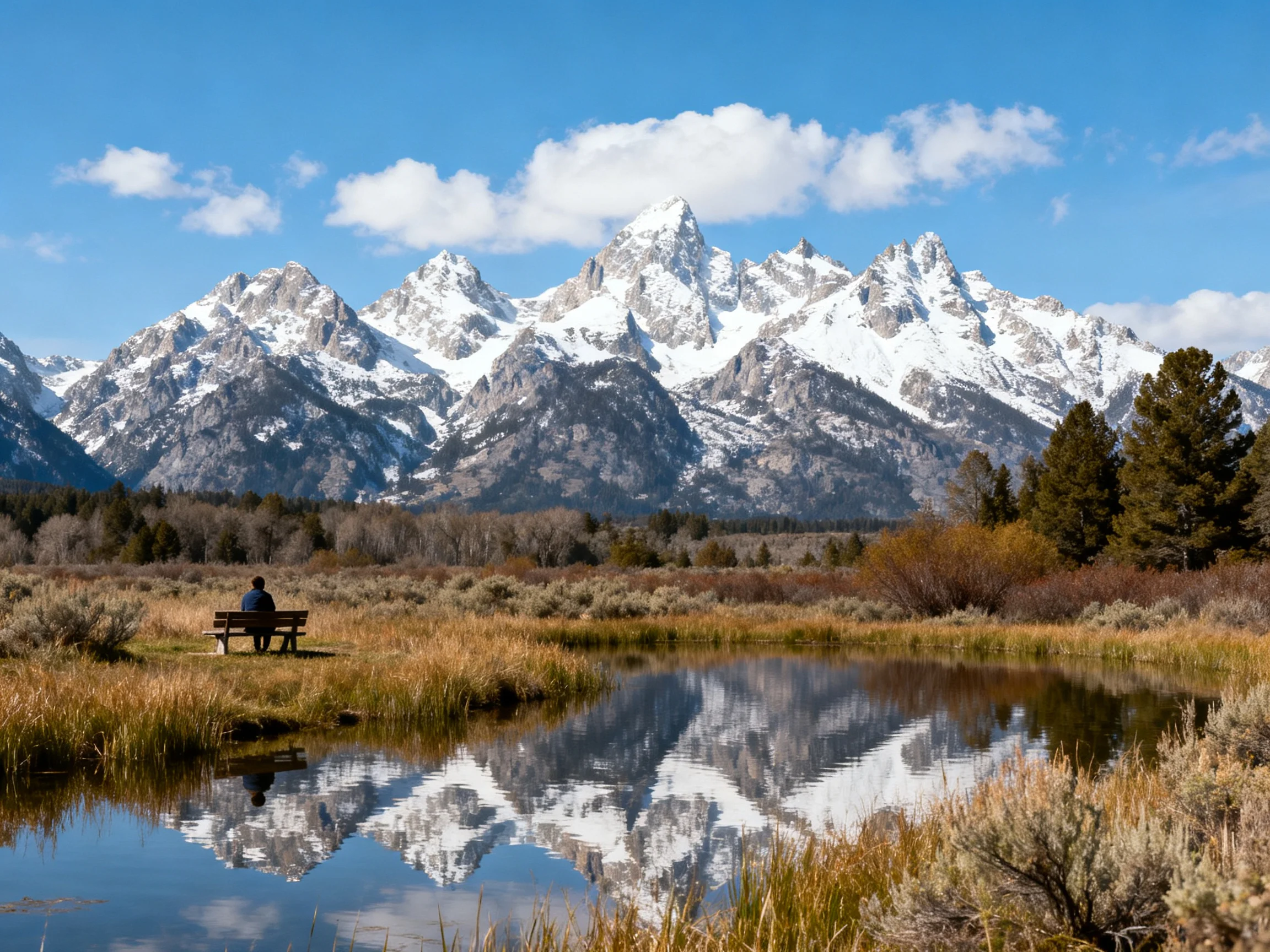 Snow - capped mountains reflected in calm pond near wooden bench