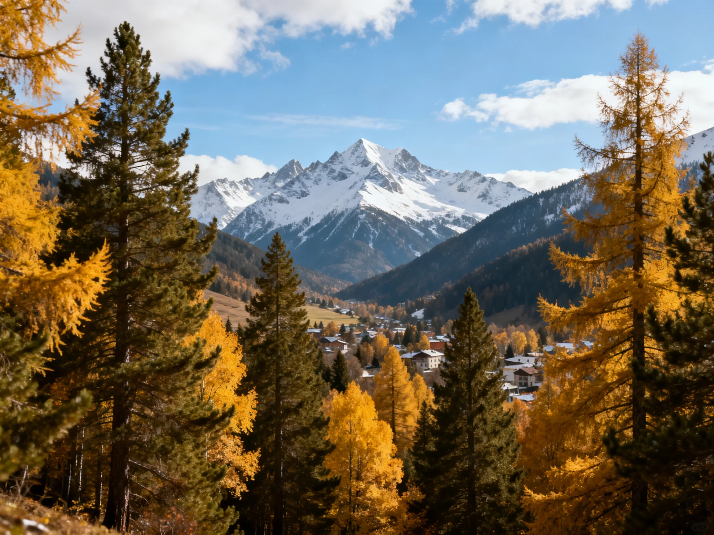 Snow-capped mountains rise behind golden autumn forests and a village