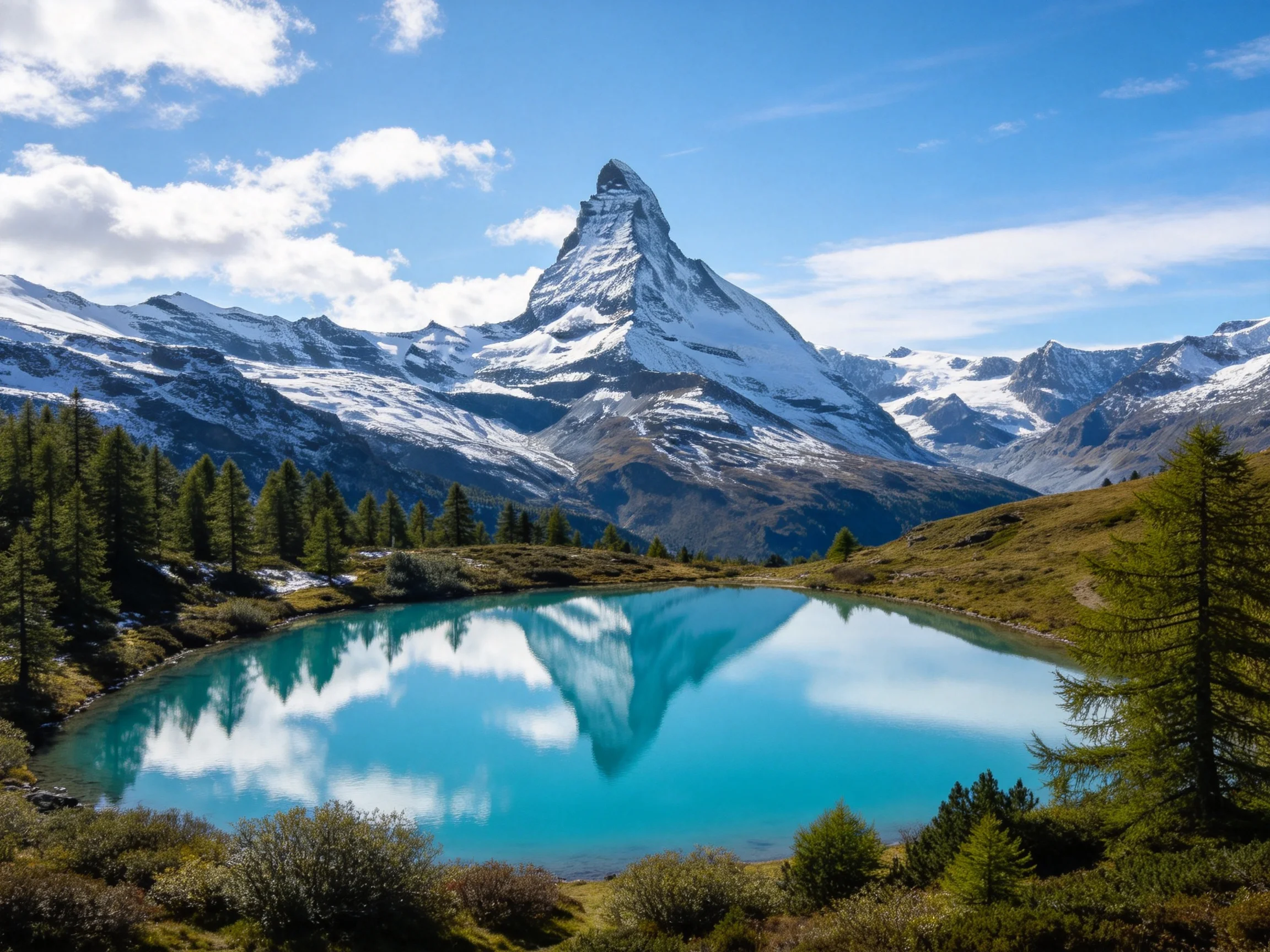 Snow - capped peak reflected in turquoise alpine lake