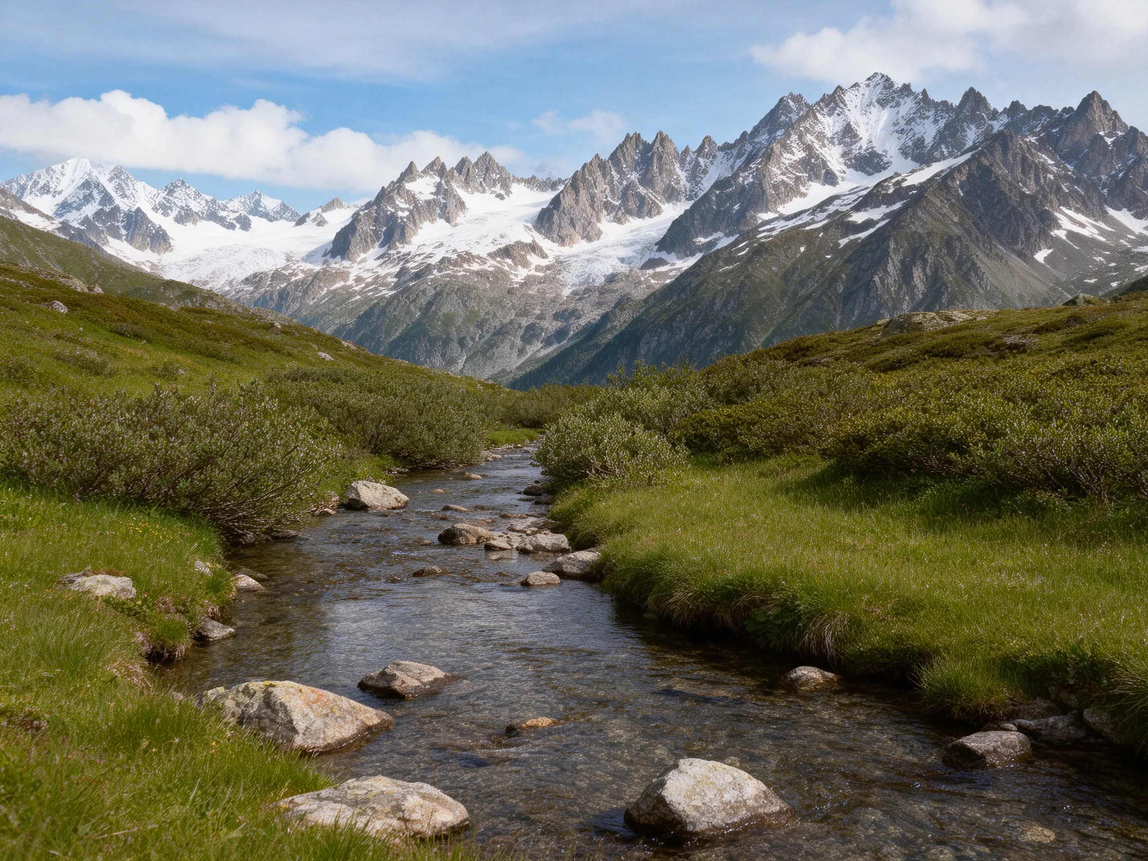 Snow-capped peaks frame a rocky stream in a lush green valley