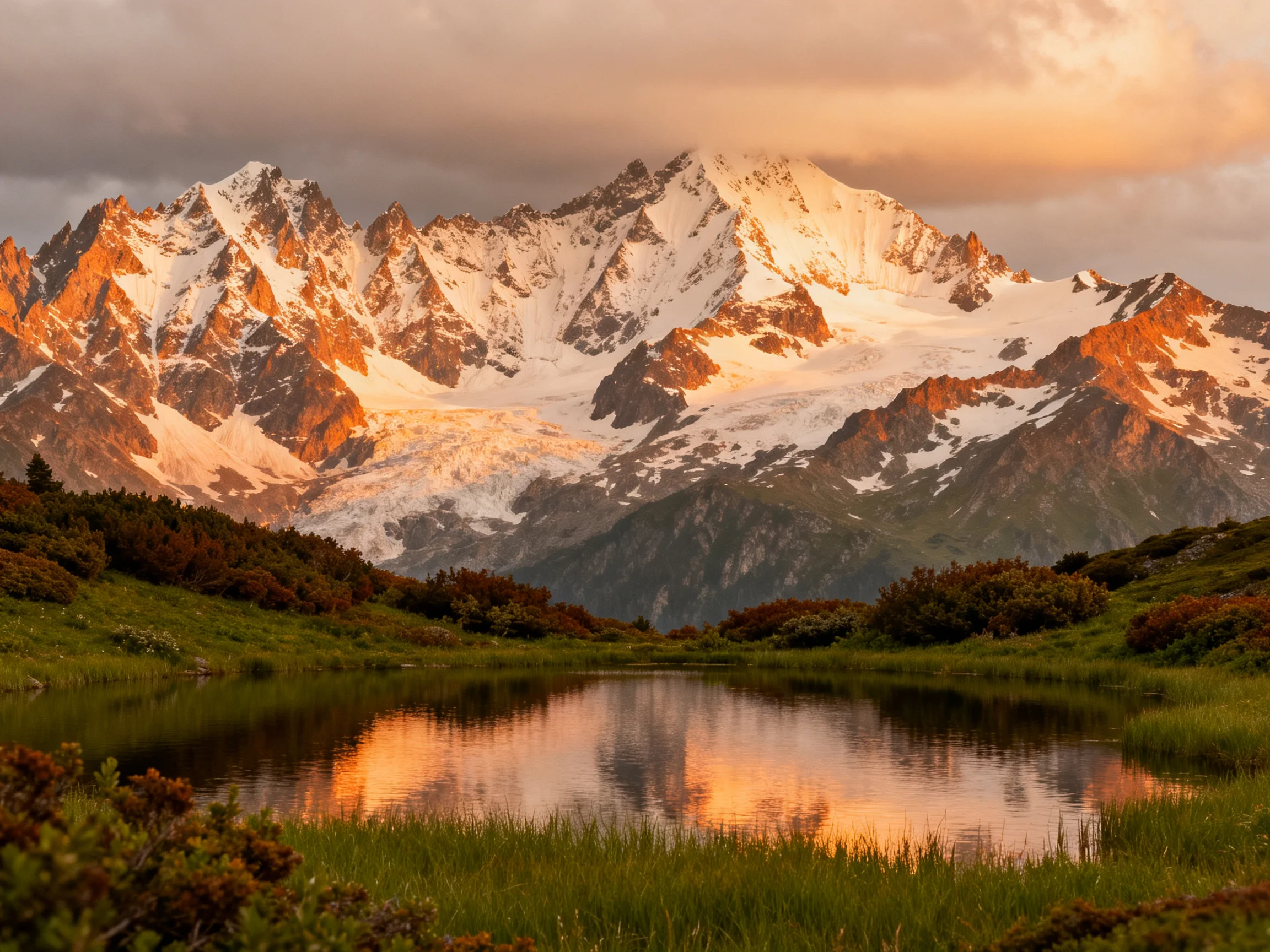 Snow-capped peaks glow in golden sunset light over a reflective mountain lake
