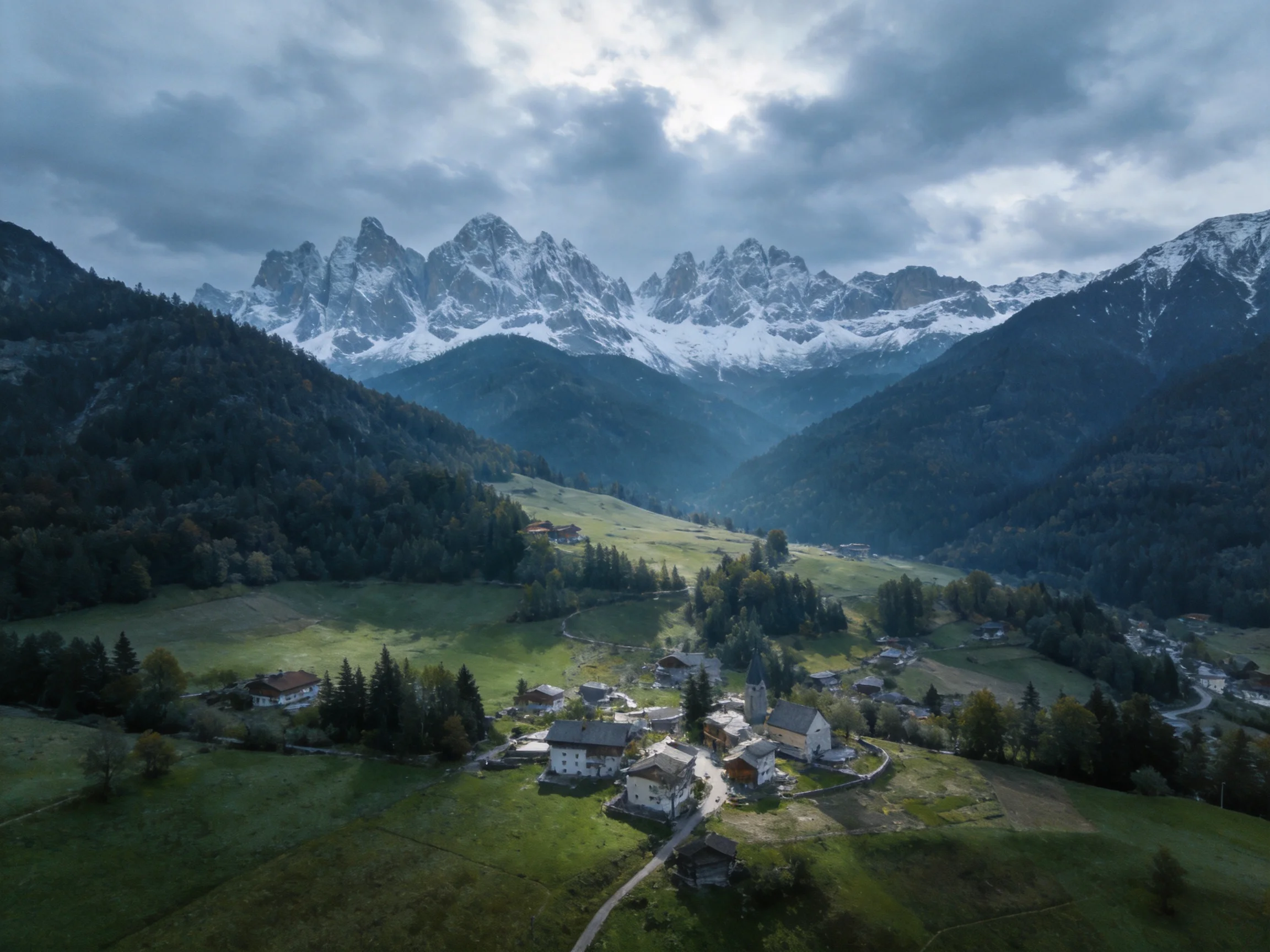Snow - capped peaks overlook a verdant valley village amid moody skies