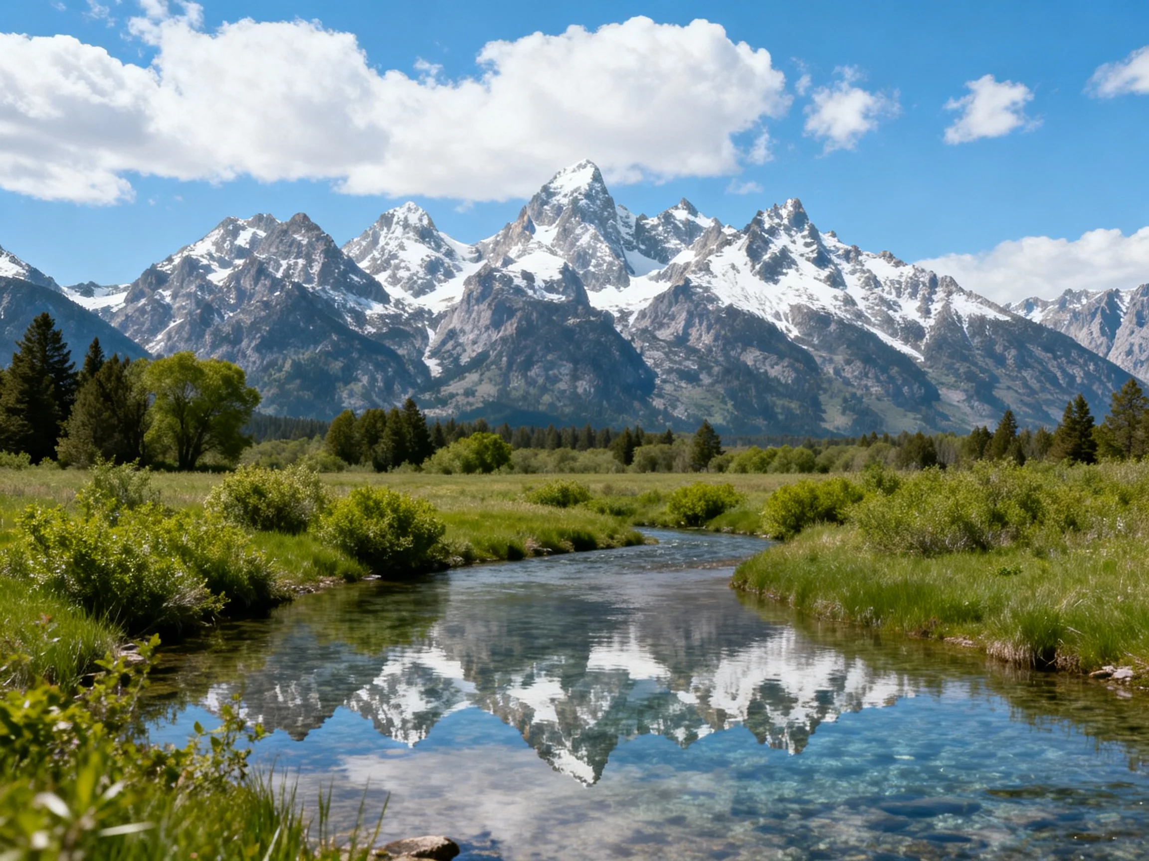 Snow-capped peaks reflect in a clear mountain stream