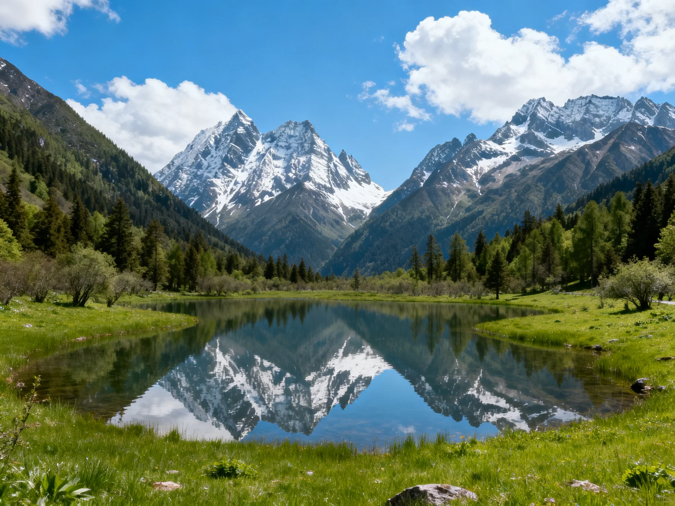 Snow-capped peaks reflect in a serene alpine lake surrounded by lush forests
