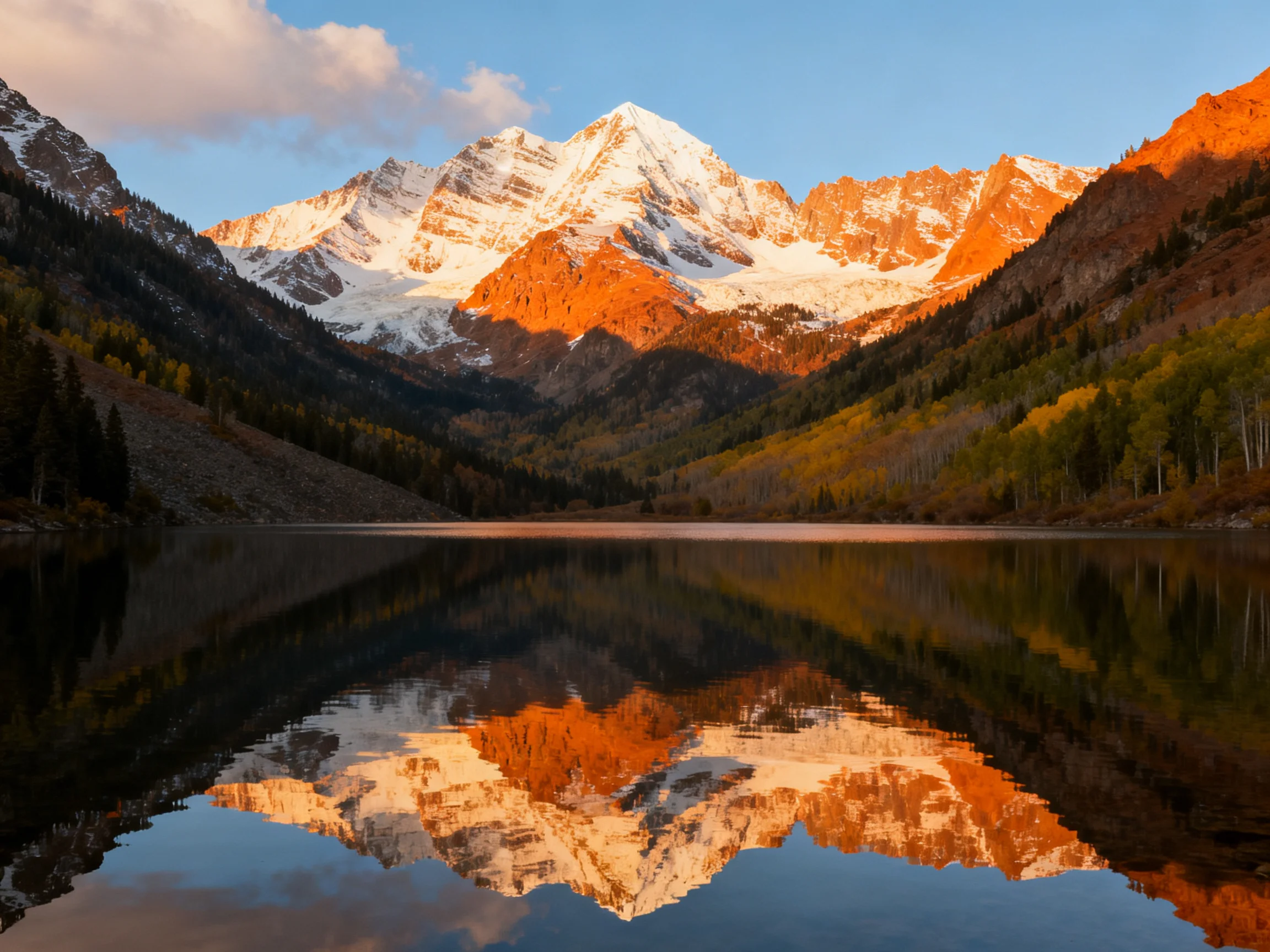 Snow-capped peaks reflect in a serene mountain lake at sunset