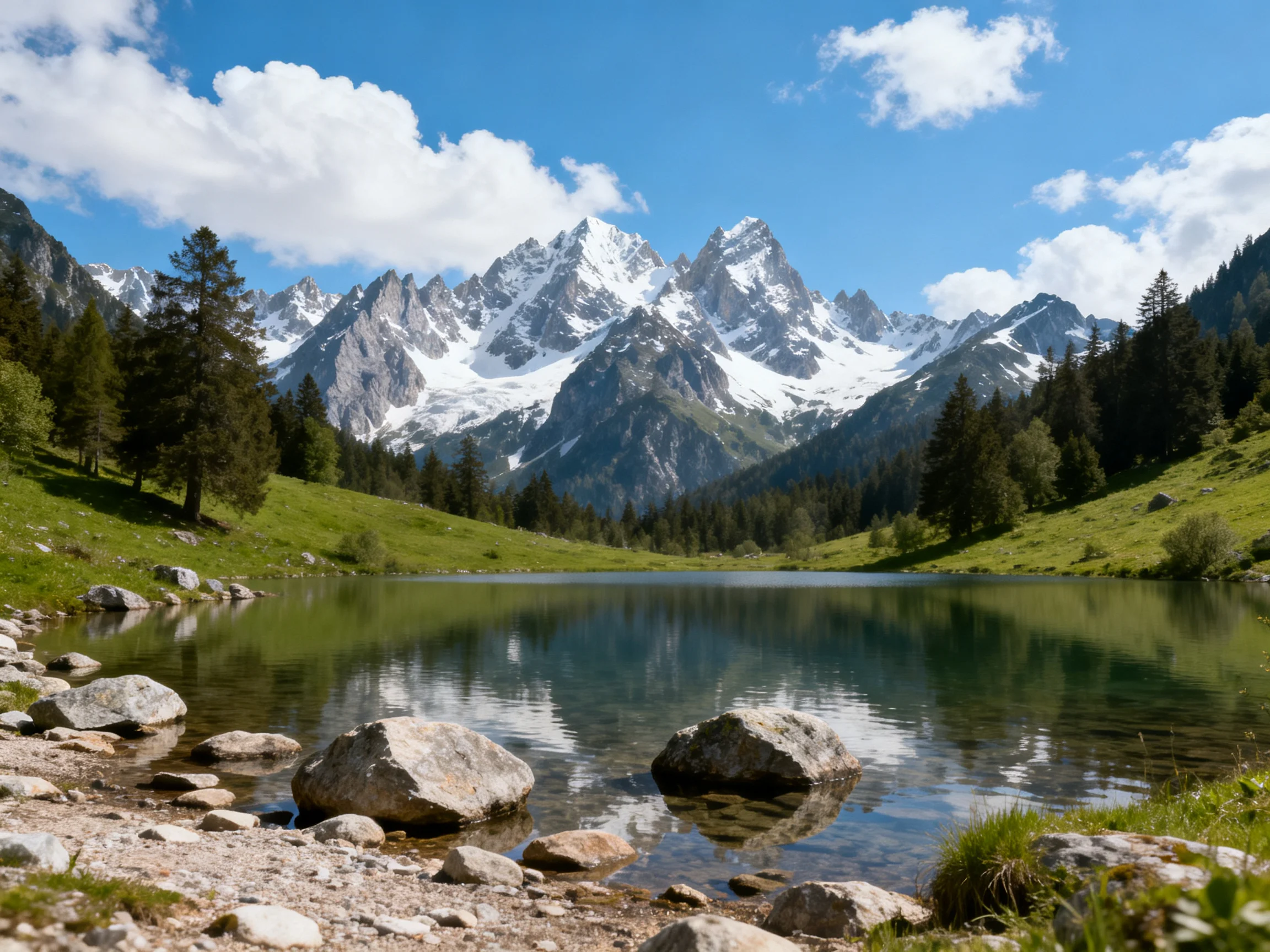 Snow-capped peaks reflect in a tranquil alpine lake with forested slopes