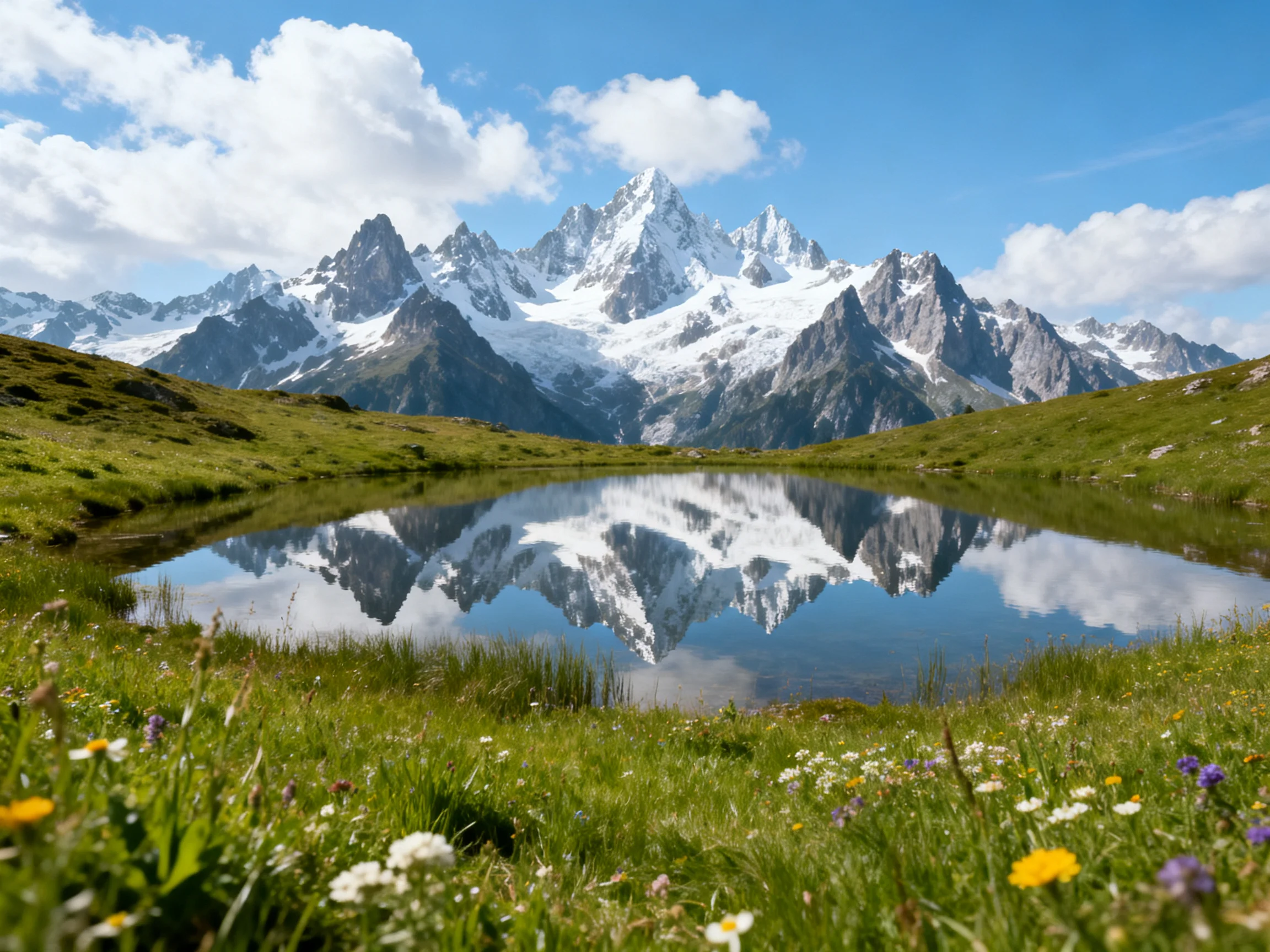 Snow-capped peaks reflect in a tranquil alpine pond with lush greenery