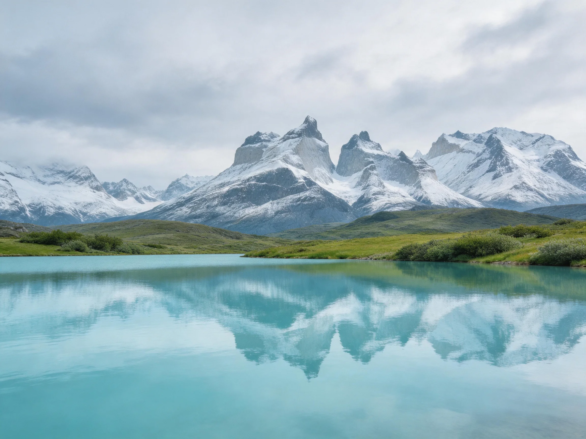 Snow - capped peaks reflect in a turquoise mountain lake with green terrain