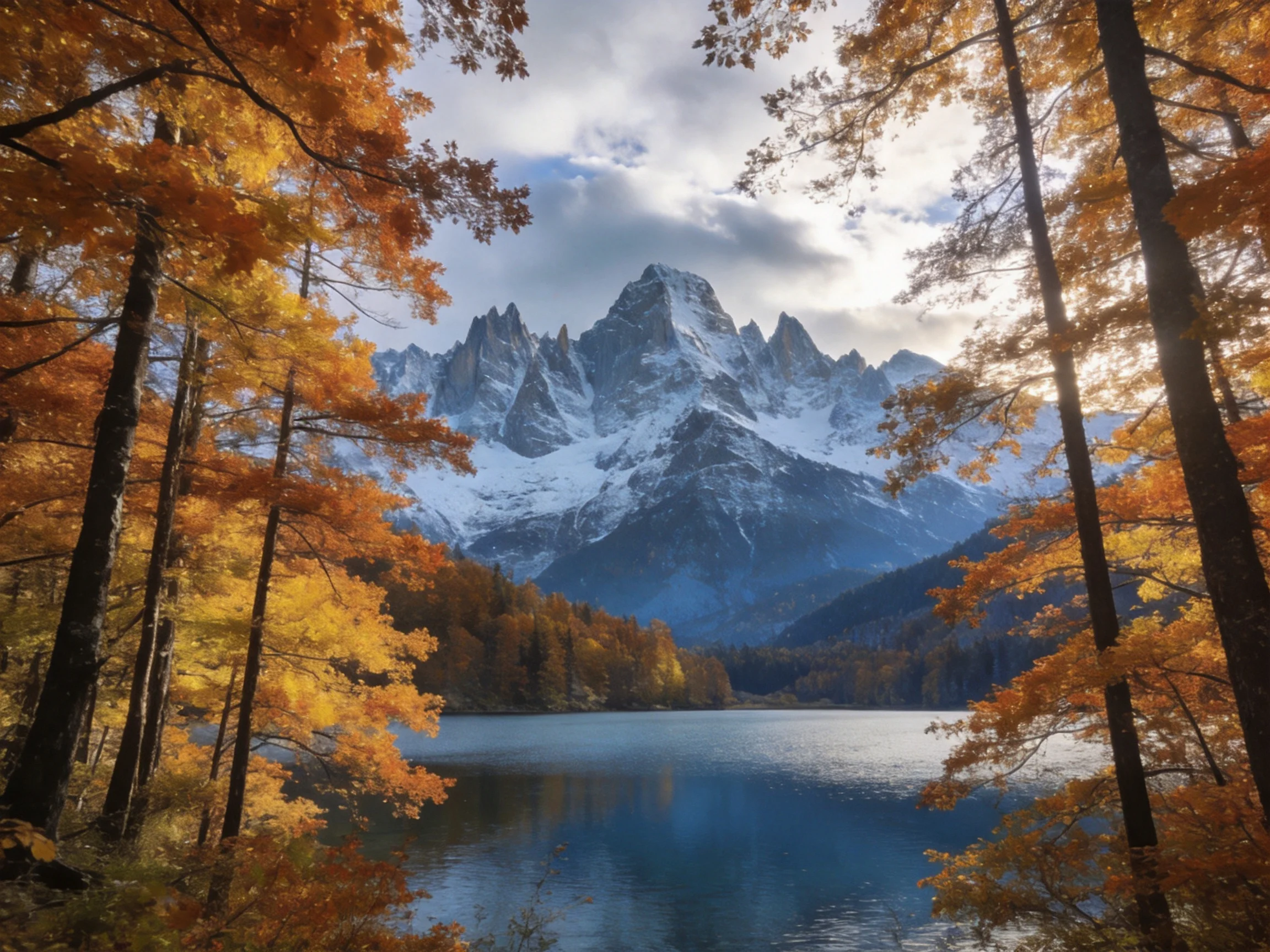 Snow-capped peaks rise behind a serene lake amid golden autumn forests.