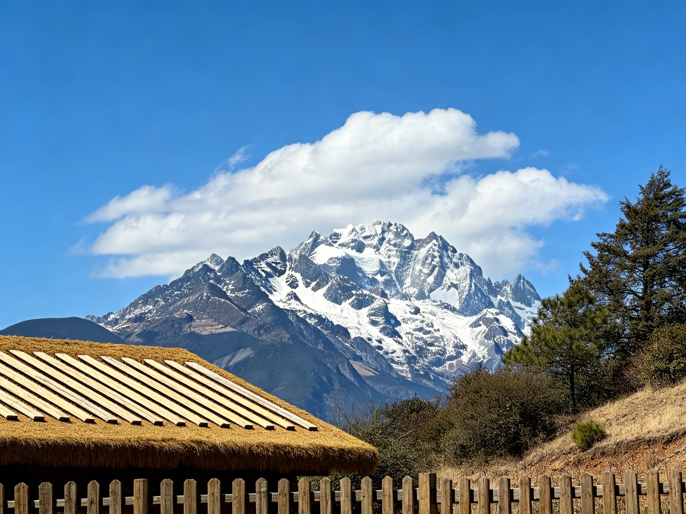 Snow-capped peaks tower behind a traditional thatched-roof house with wooden fencing