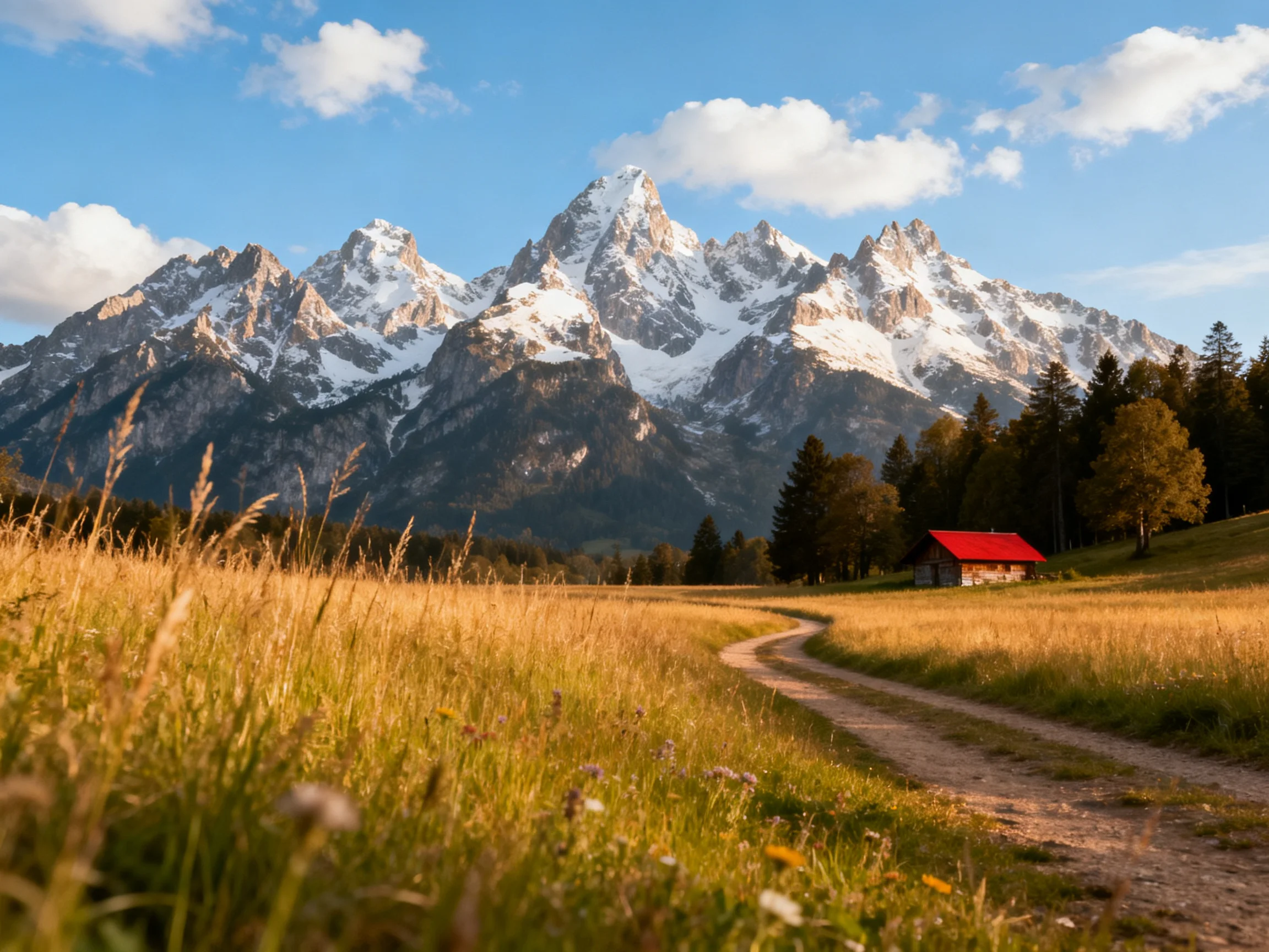Snow - capped peaks tower over a golden meadow with a red - roofed cabin