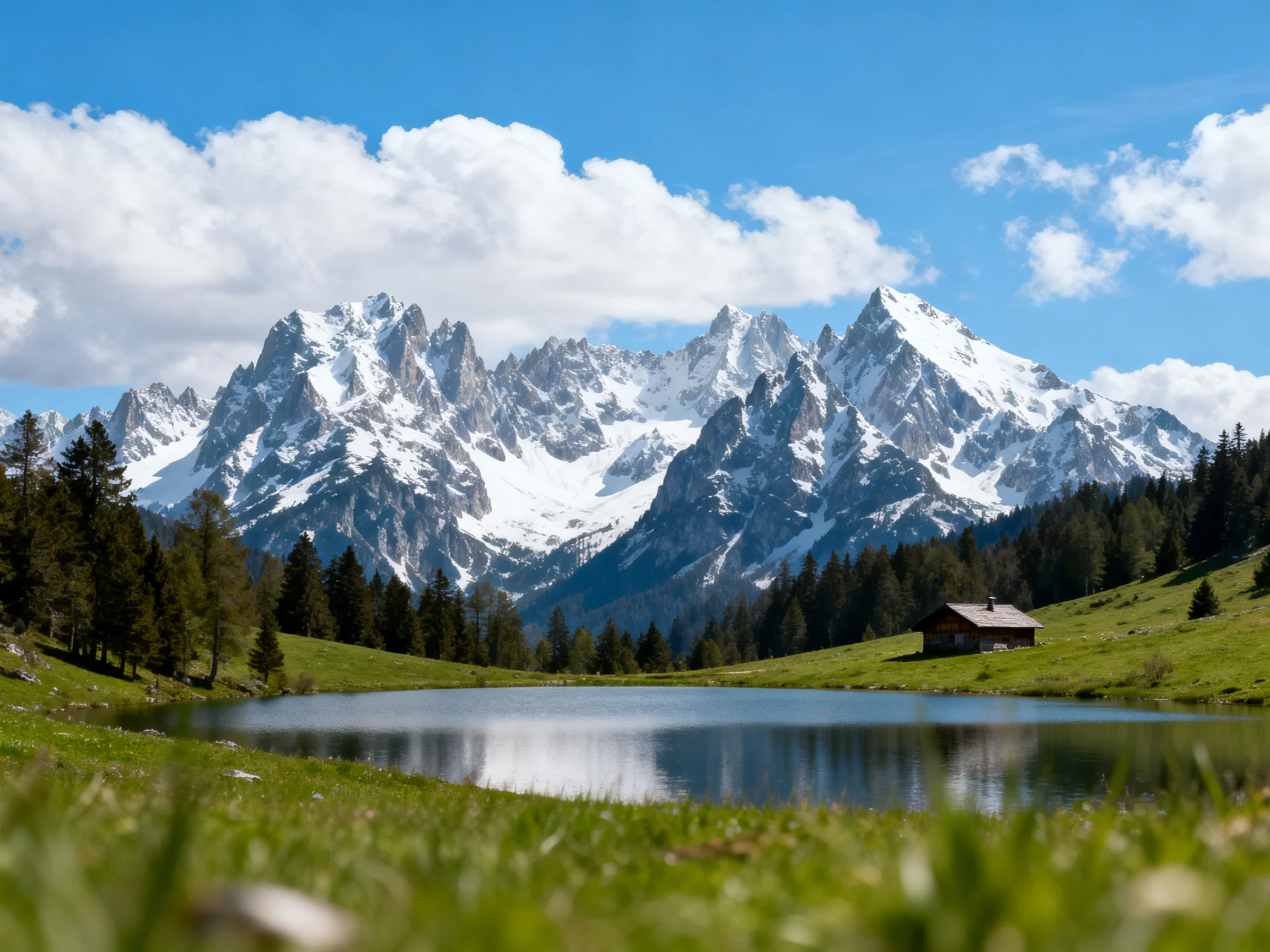 Snow-capped peaks tower over a serene alpine lake with a wooden cabin