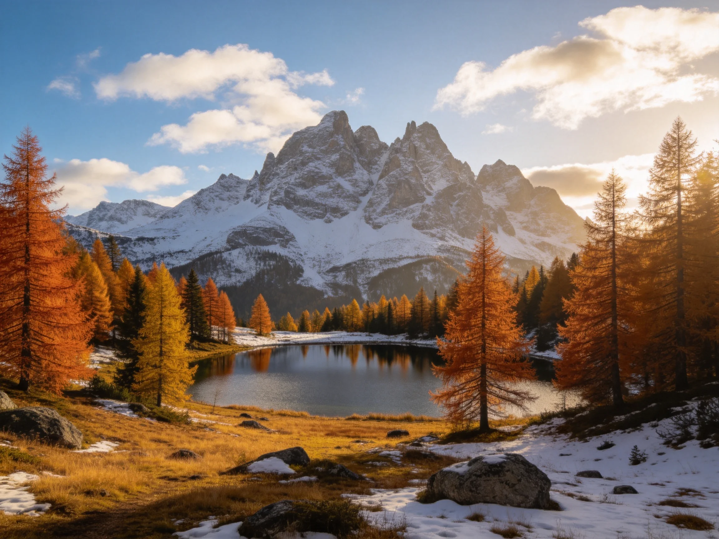Snow - capped peaks tower over a serene alpine lake with golden larches