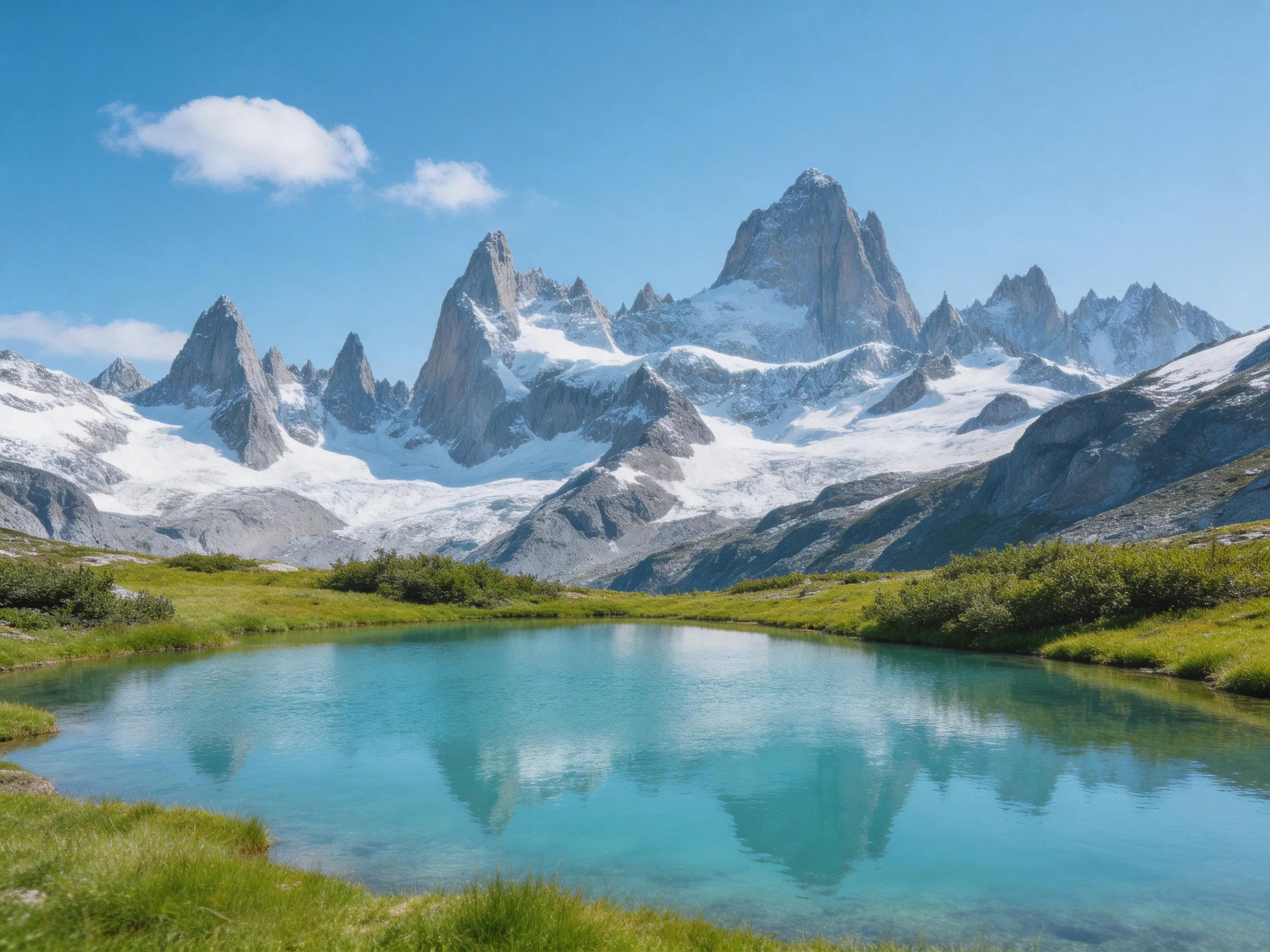 Snow - capped peaks tower over a turquoise alpine lake with lush green meadows