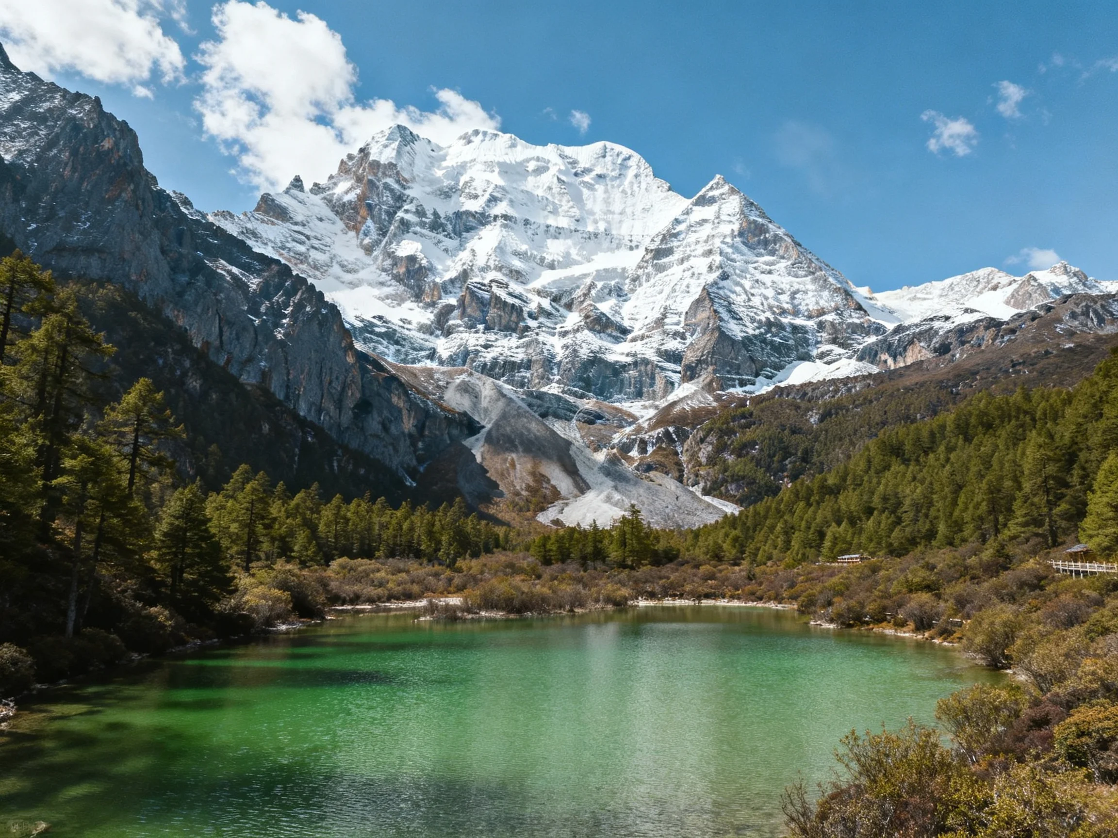 Snow-capped peaks tower over a turquoise lake surrounded by dense forests.