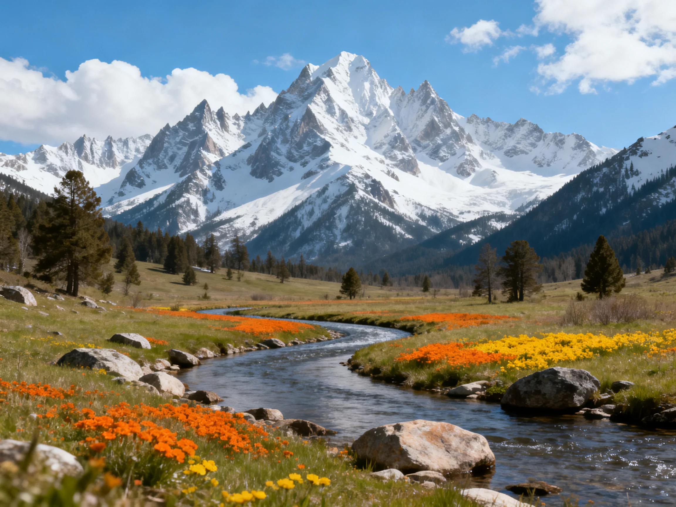 Snow-capped peaks tower over a vibrant valley with winding stream