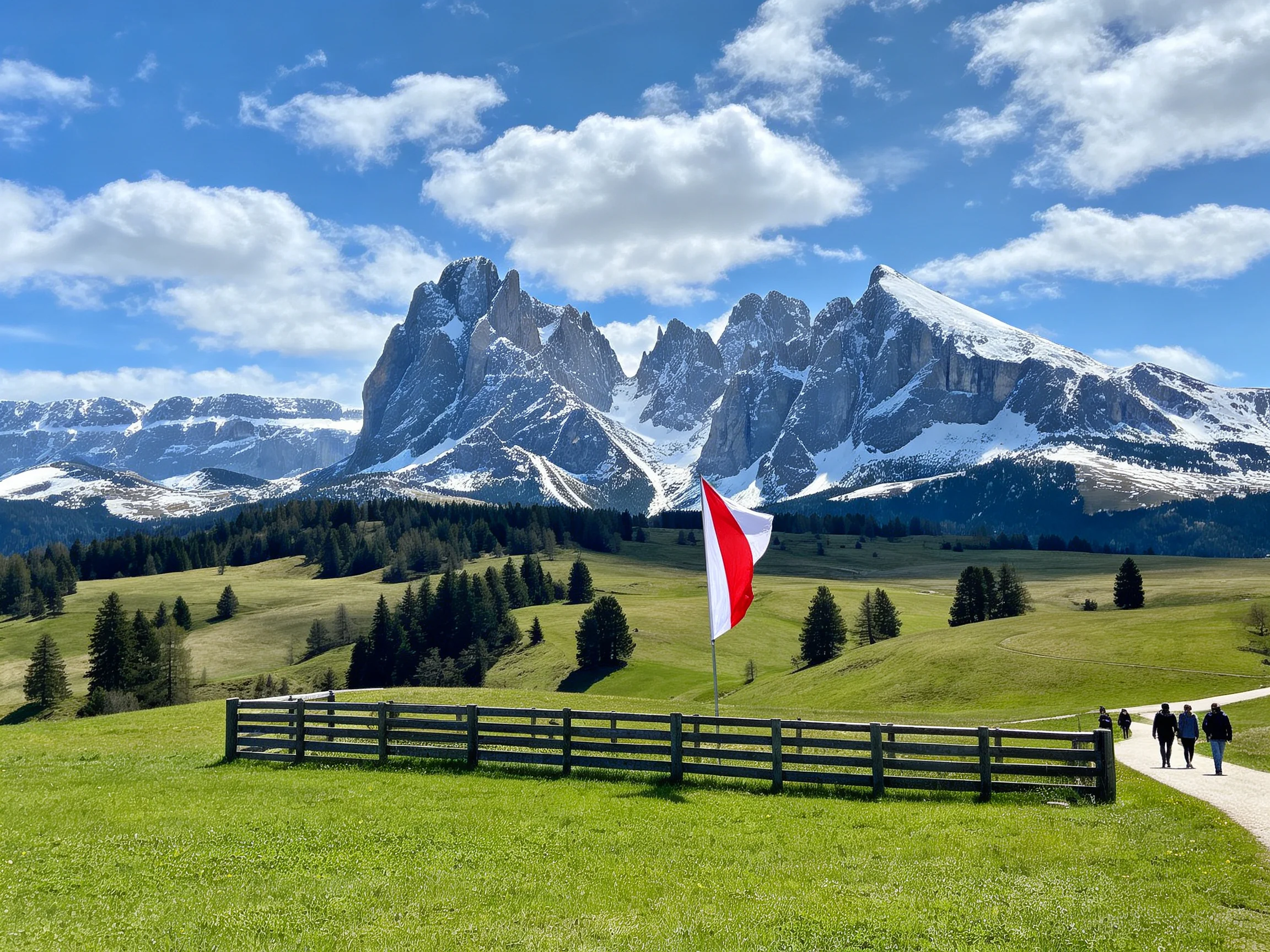 Snow-capped peaks tower over green meadows with a red-white flag